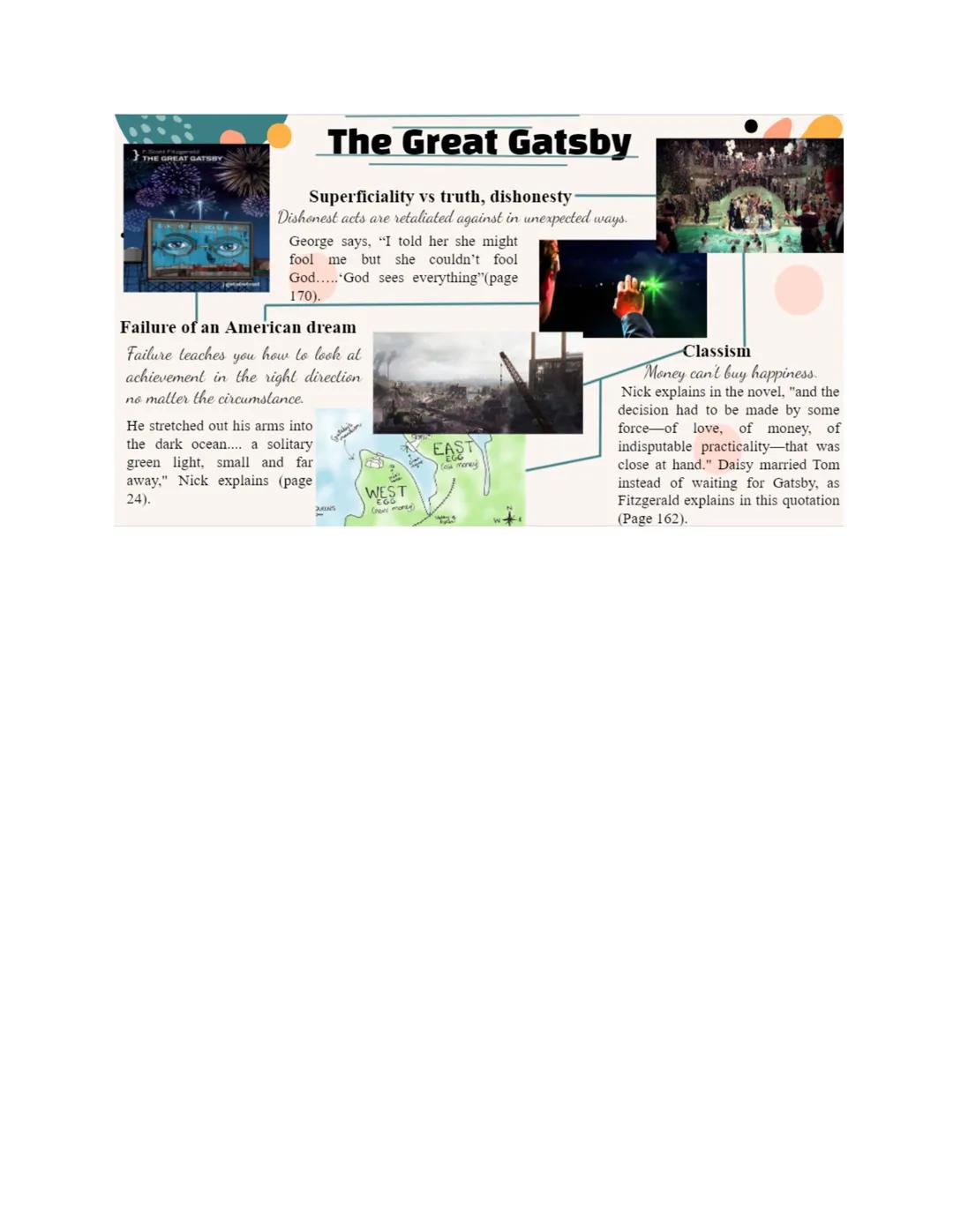 
<p>In CHAPTER 1, we are introduced to the setting of the story, with Gatsby living in West Egg and Daisy, who is Nick's cousin, along with 