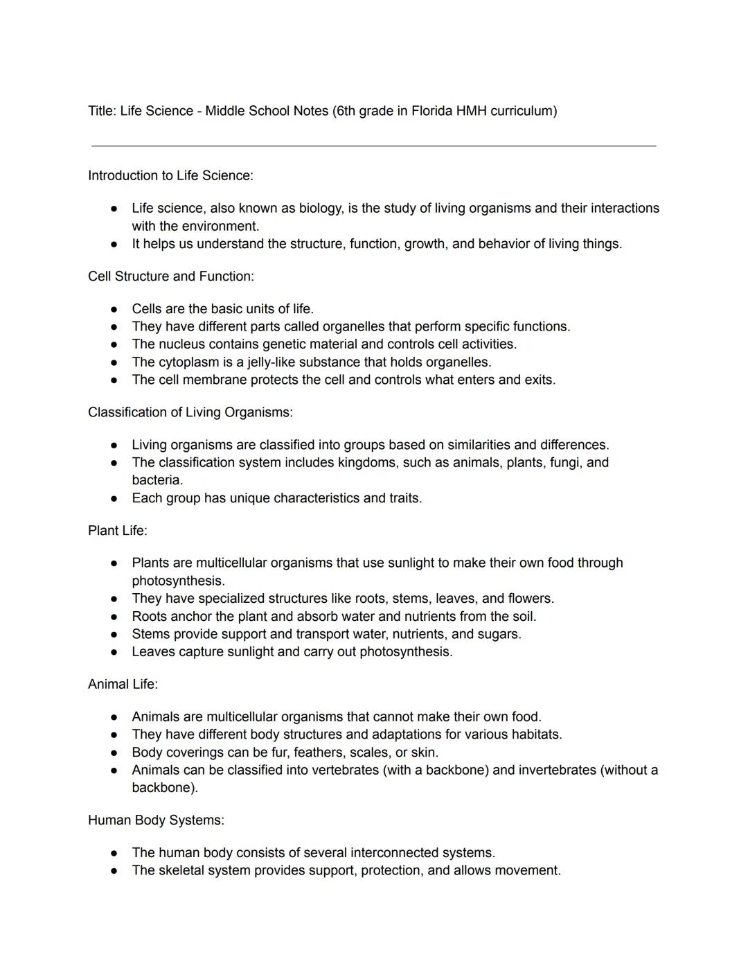 Title: Life Science - Middle School Notes (6th grade in Florida HMH curriculum)

Introduction to Life Science:

- Life science, also known a