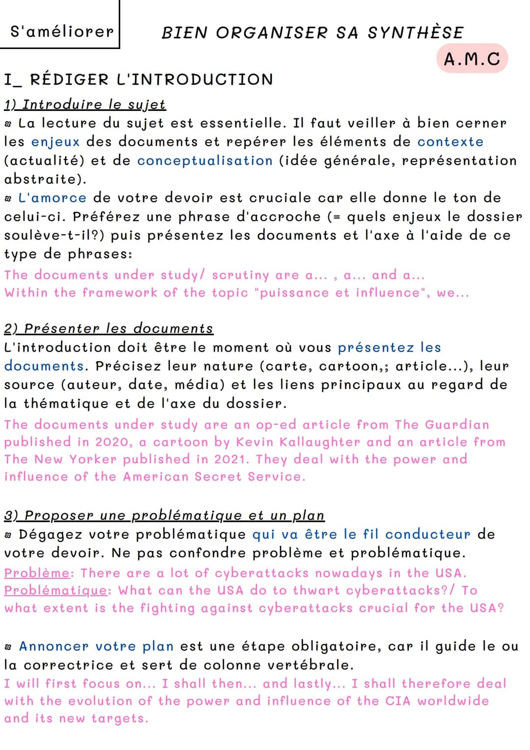 # S'améliorer

BIEN ORGANISER SA SYNTHÈSE

A.M.C

I RÉDIGER L'INTRODUCTION

1) Introduire le sujet

La lecture du sujet est essentielle. Il 
