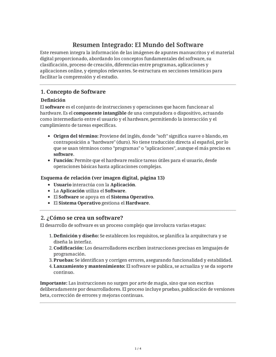 Resumen Integrado: El Mundo del Software
Este resumen integra la información de las imágenes de apuntes manuscritos y el material
digital pr