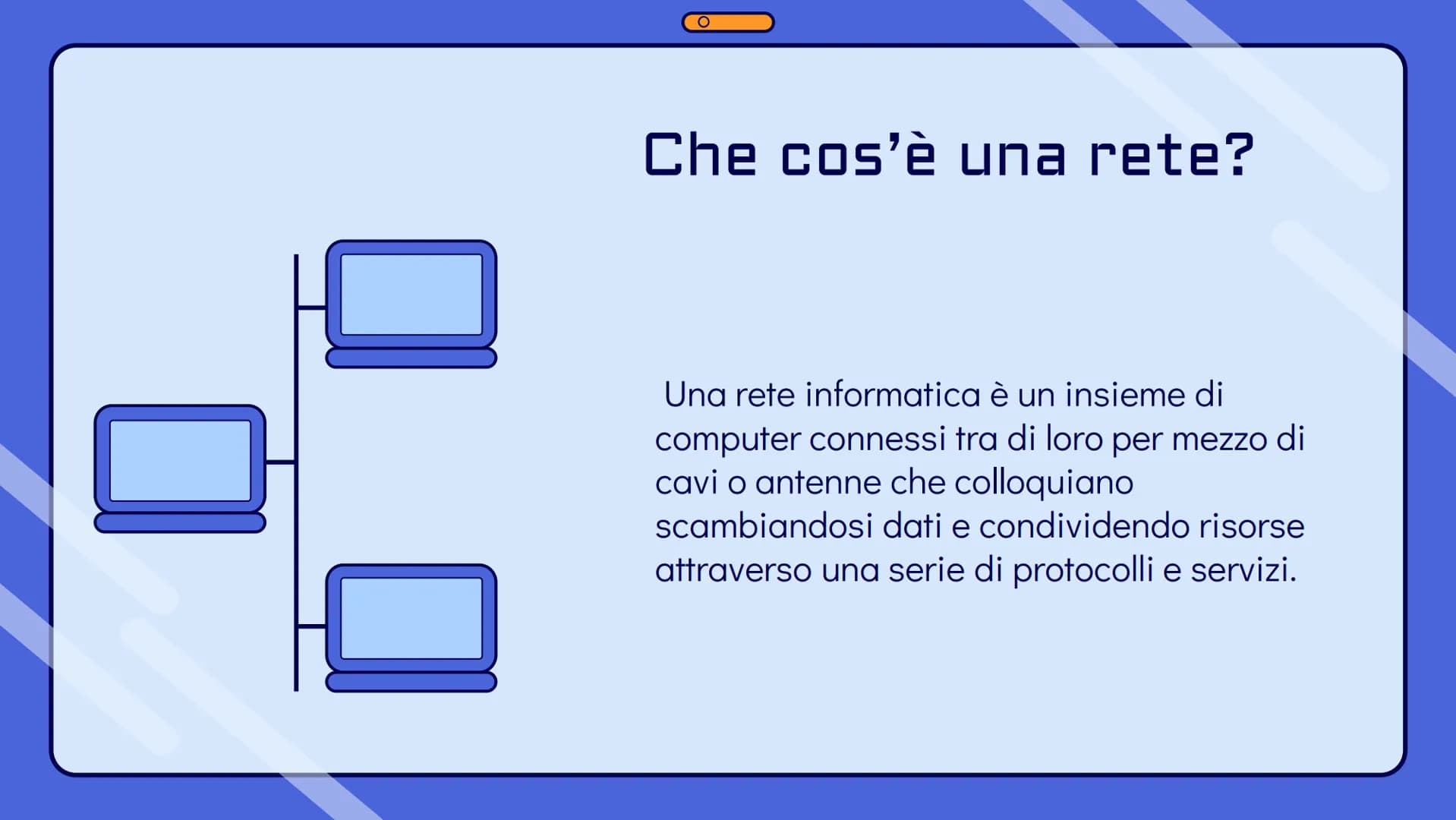 # Le reti
informatiche Che cos'è una rete?

Una rete informatica è un insieme di
computer connessi tra di loro per mezzo di
cavi o antenne c