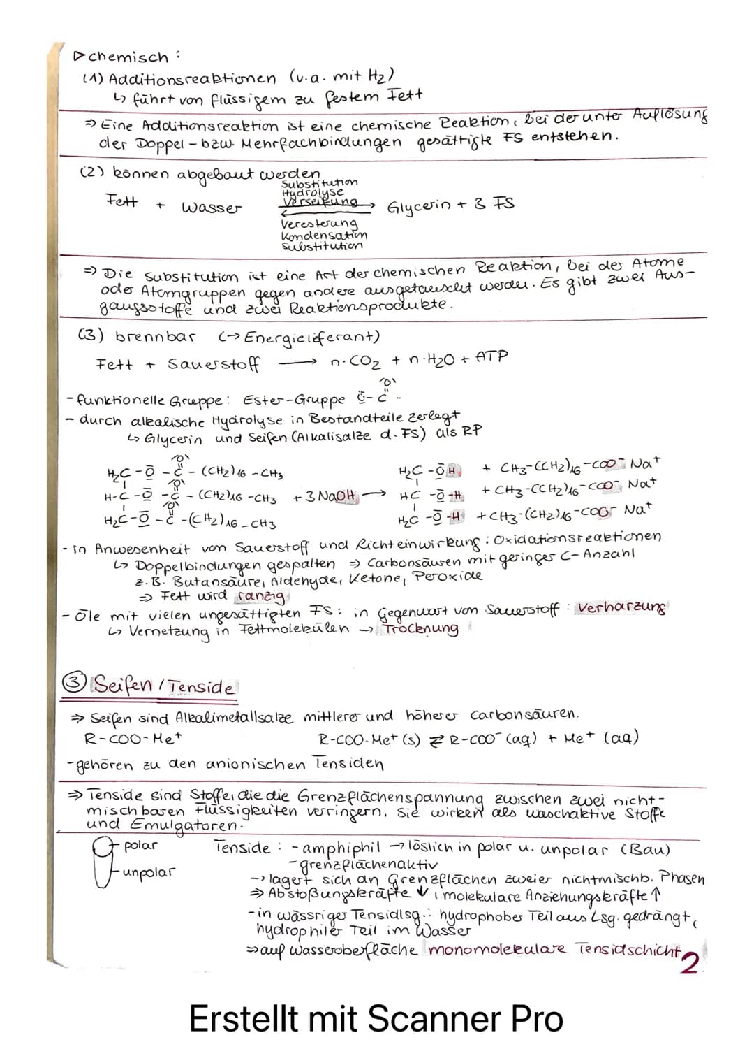 # Organische Chemie
Lernzettel Test. Fette

1 Allgemeines
- Makromolekül

Glycerin + 3 Fettsäuren Triglycerid
+ Wasser
A-C-O-H + CH3-(CH2)$_