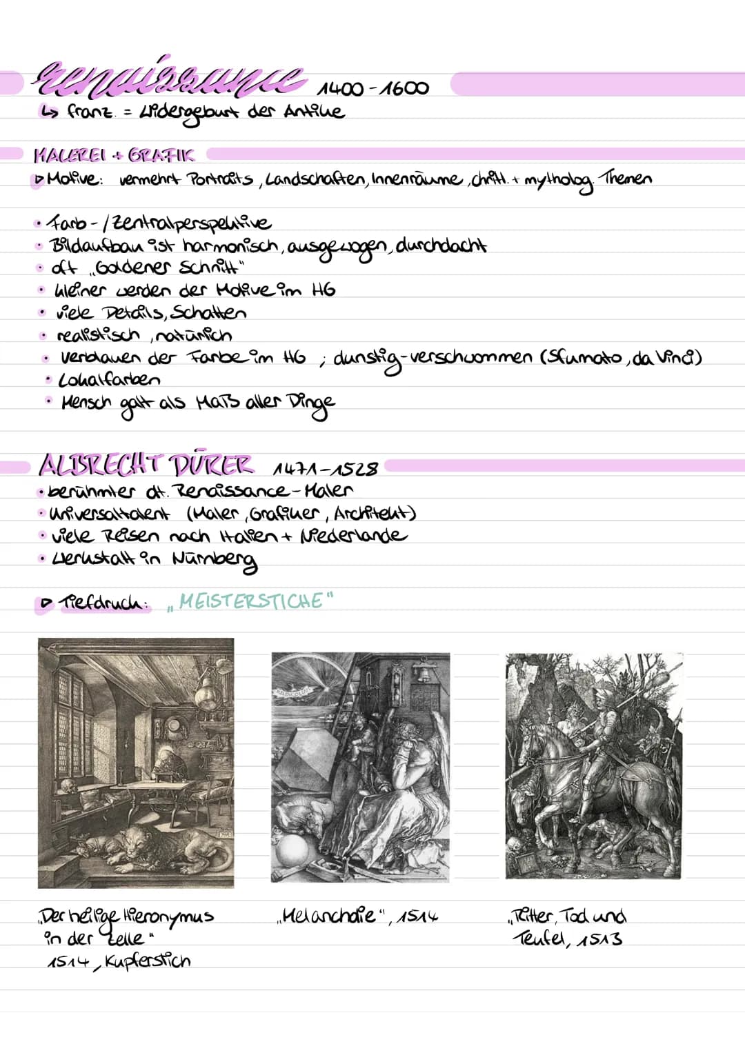 # чепайялише 1400-1600

↳ franz = Widergeburt der Antike

## KALEREI GRAFIK

*   Motive: vermehrt Portraits, Landschaften, Innenräume, chrit