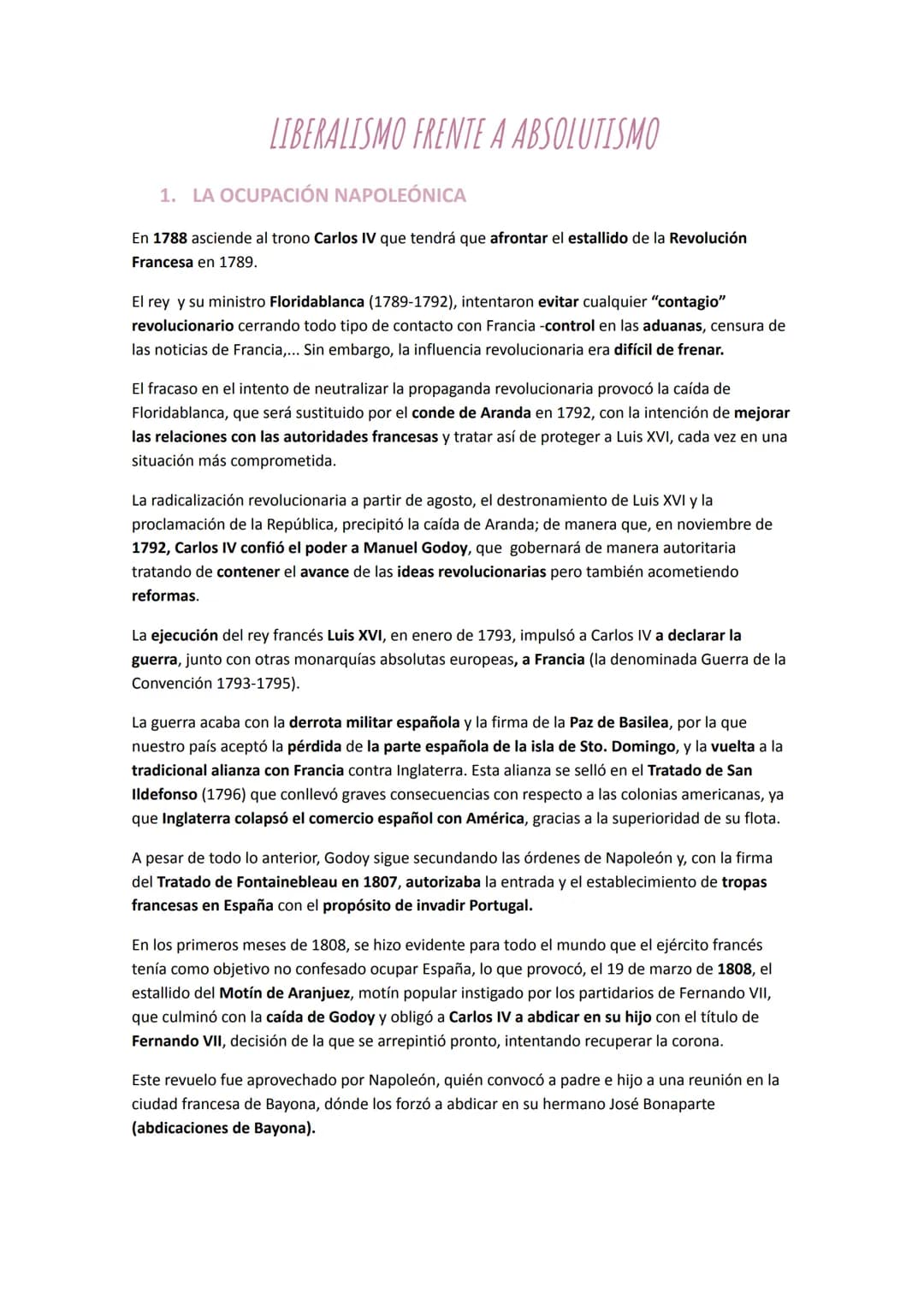# LIBERALISMO FRENTE A ABSOLUTISMO

1. LA OCUPACIÓN NAPOLEÓNICA

En 1788 asciende al trono Carlos IV que tendrá que afrontar el estallido de