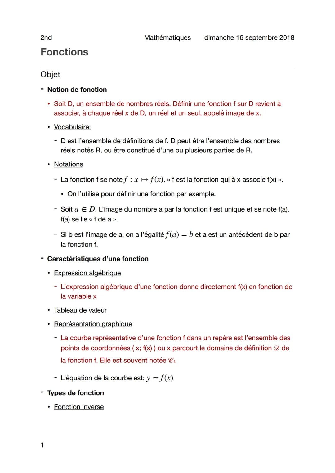 2nd

Fonctions

Objet

- Notion de fonction

Mathématiques
dimanche 16 septembre 2018

- Soit D, un ensemble de nombres réels. Définir une f
