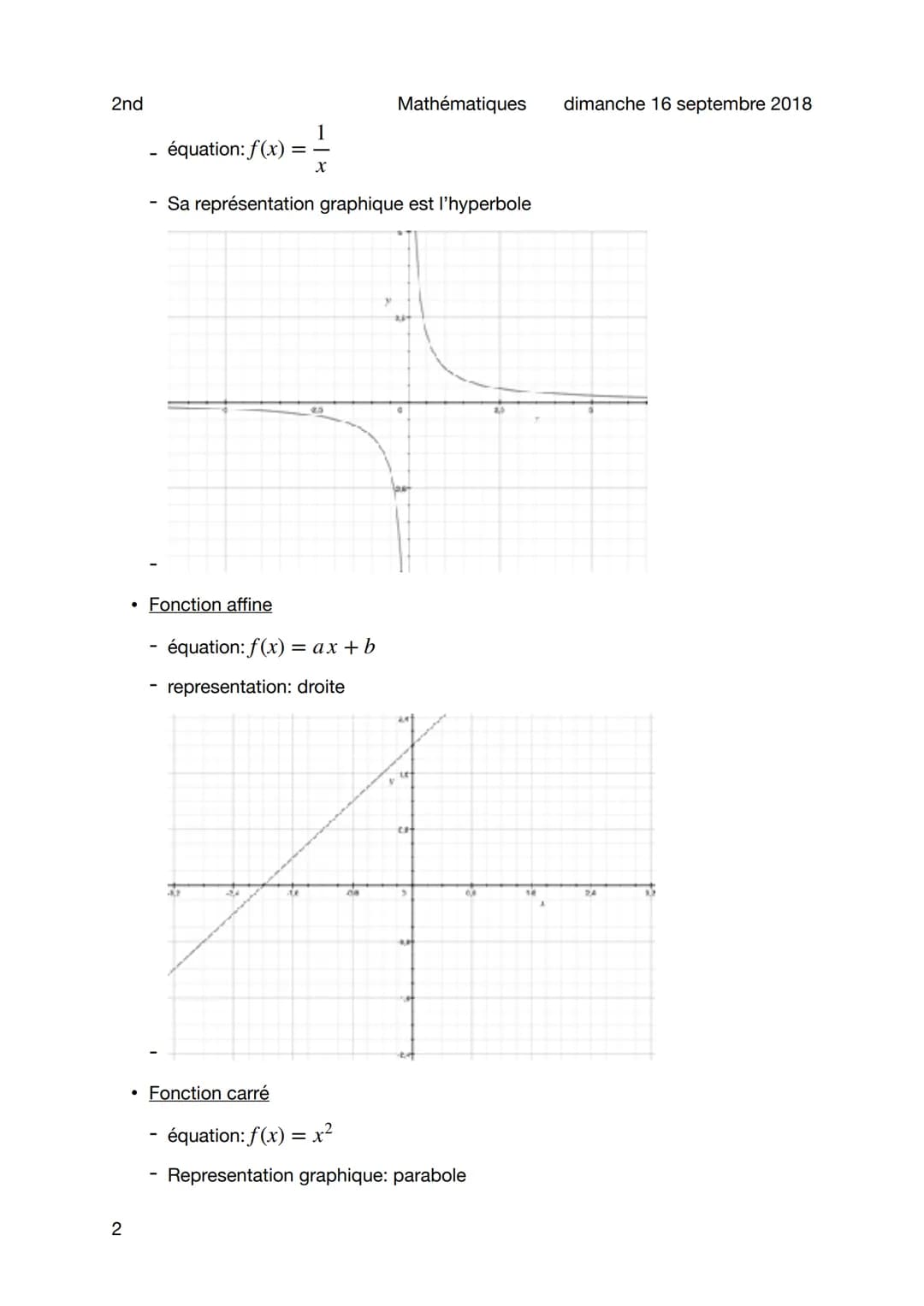 2nd

Fonctions

Objet

- Notion de fonction

Mathématiques
dimanche 16 septembre 2018

- Soit D, un ensemble de nombres réels. Définir une f