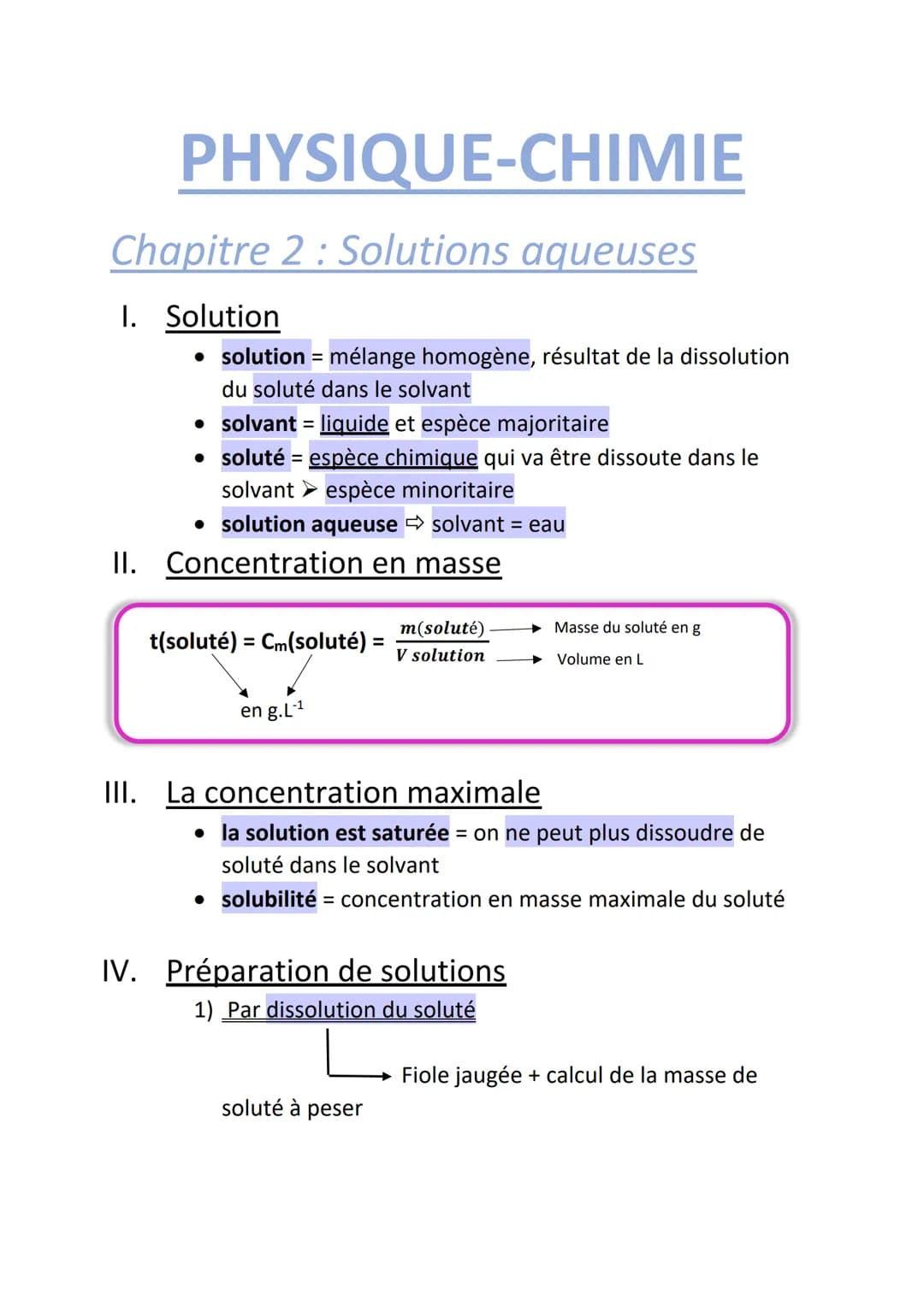 # PHYSIQUE-CHIMIE

## Chapitre 2 : Solutions aqueuses

I. Solution

*   solution = mélange homogène, résultat de la dissolution
    du solut
