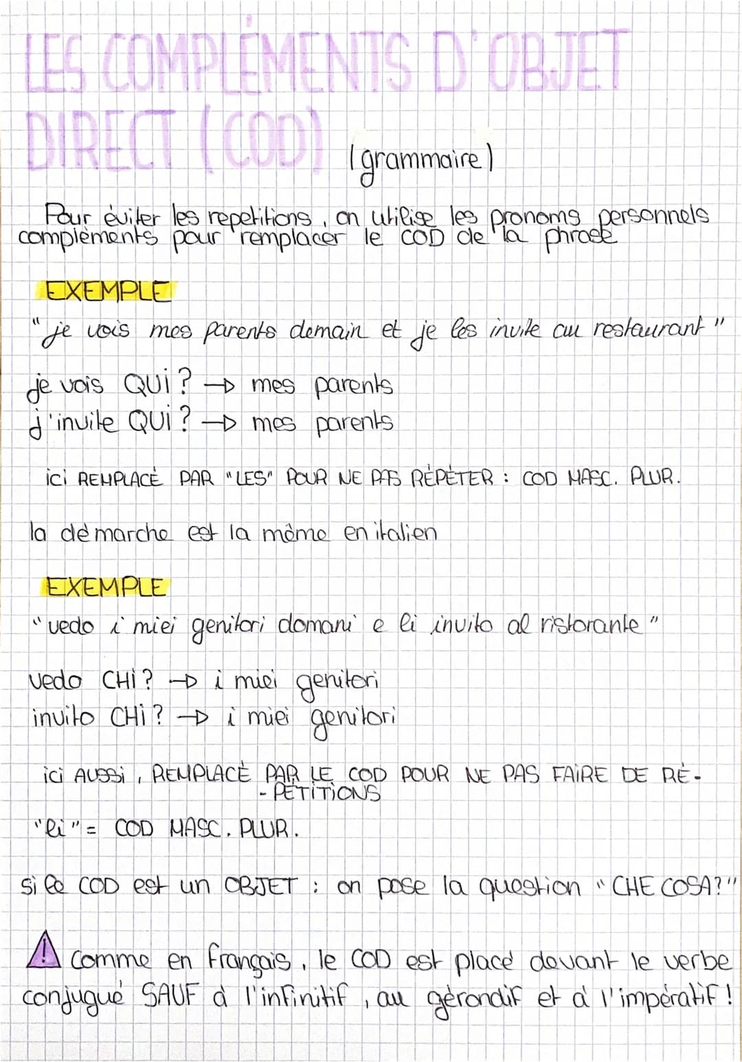# LES COMPLEMENTS D'OBJET
DIRECT (COD) (grammaire)
Pour éviter les repetitions, on utilise les pronoms personnels
complements pour remplacer