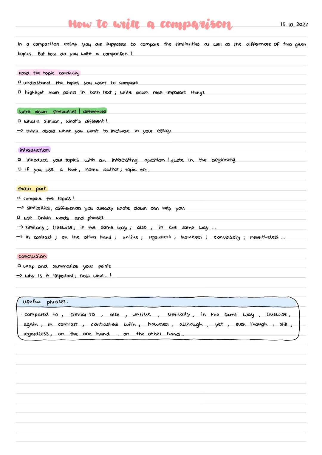 # How to write a comparison

IS. 10. 2022

In a comparison essay you are supposed to compare the similarities as well as the differences of 