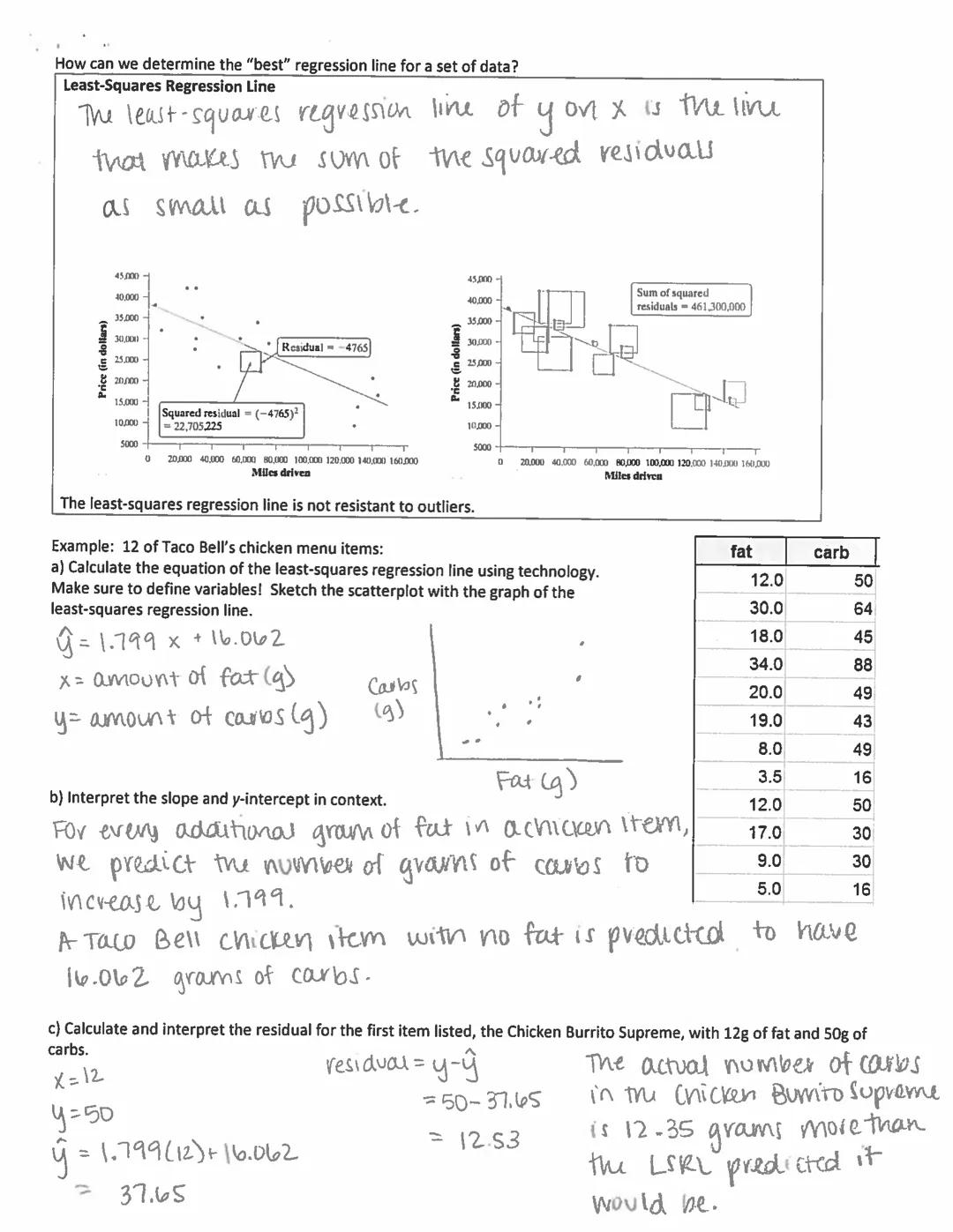 # 3.2 Least-Squares Regression Notes

Learning Objectives
-Interpret the slope and y intercept of a least-squares regression line.
-Use the 