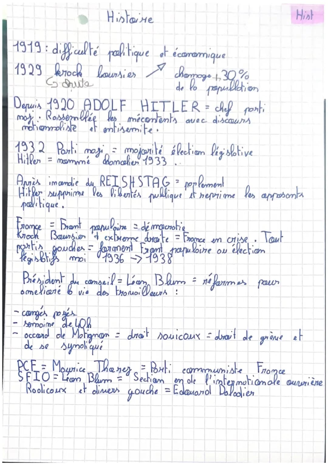 # Histoire

1919: difficulté prelitique et économique.

1929 krock boursier chamoge +30%
Chute de lo popullotion

Depuis 1920 ADOLF HITLER =