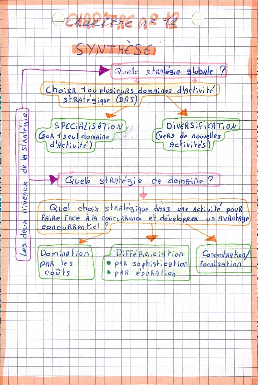 Les deux niveaux de la strategie

-chapitre se 12 -

SYNTHÈSE

Quelle stratégie globale?

Choisir 1ou plusieurs domaines d'activité
stratégi