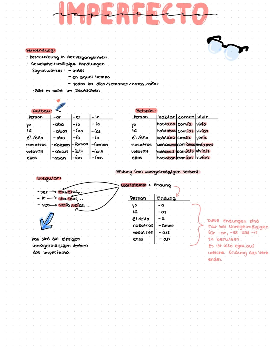 # IMPERFECTO

Verwendung:
*   Beschreibung in der vergangenheit.
*   Gewohnheitsmäßige Handlungen
*   Signalwörter: - antes
    *   en aquel