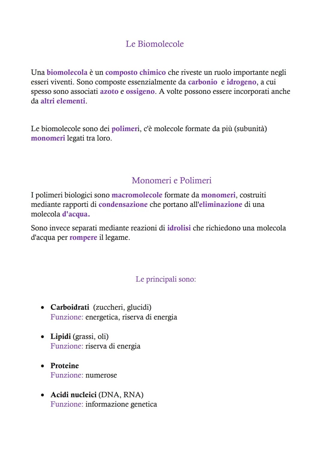 # Le Biomolecole

Una biomolecola è un composto chimico che riveste un ruolo importante negli
esseri viventi. Sono composte essenzialmente d