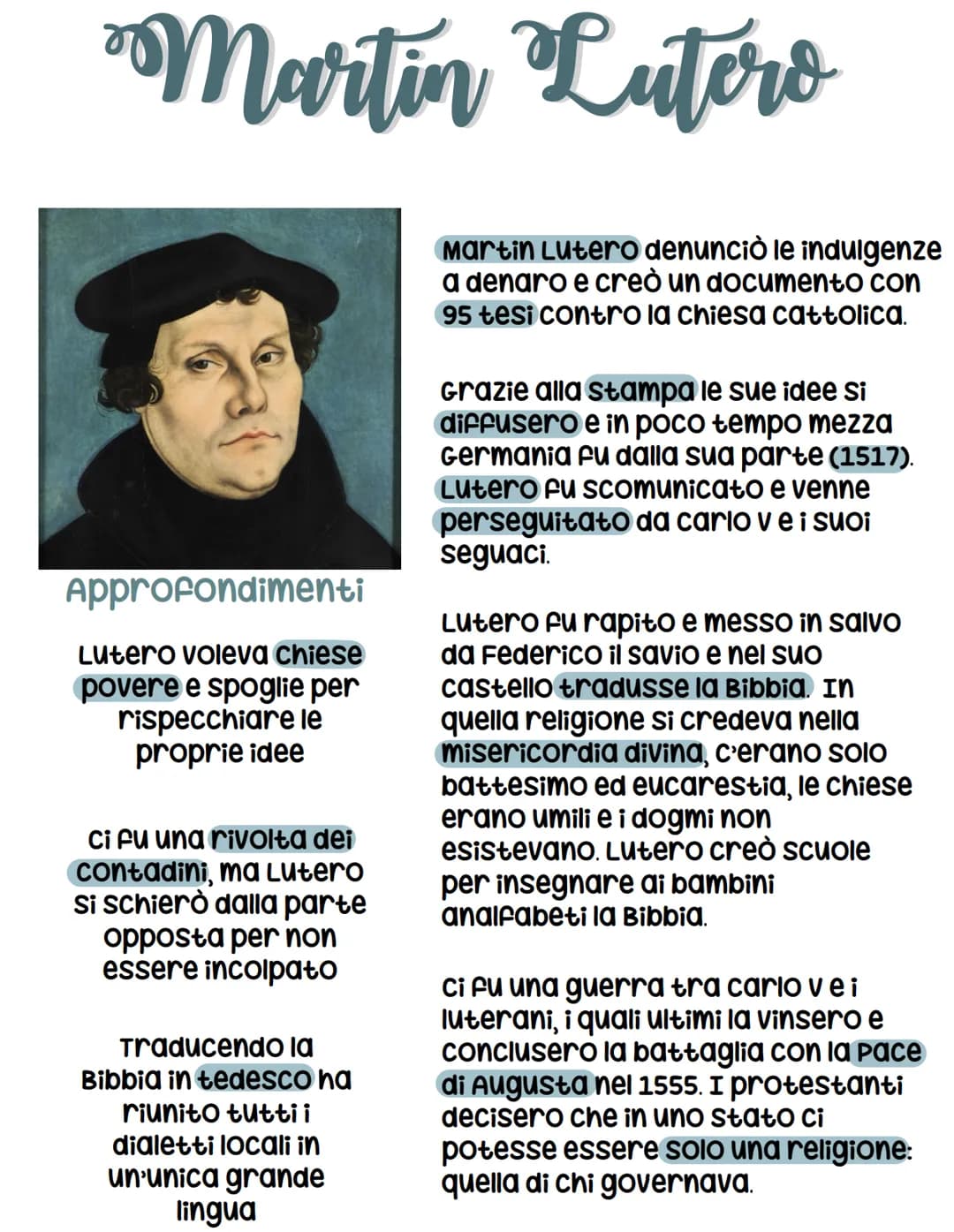 Martin Lutero

Approfondimenti

Lutero voleva chiese
povere e spoglie per
rispecchiare le
proprie idee

ci fu una rivolta dei
contadini, ma 