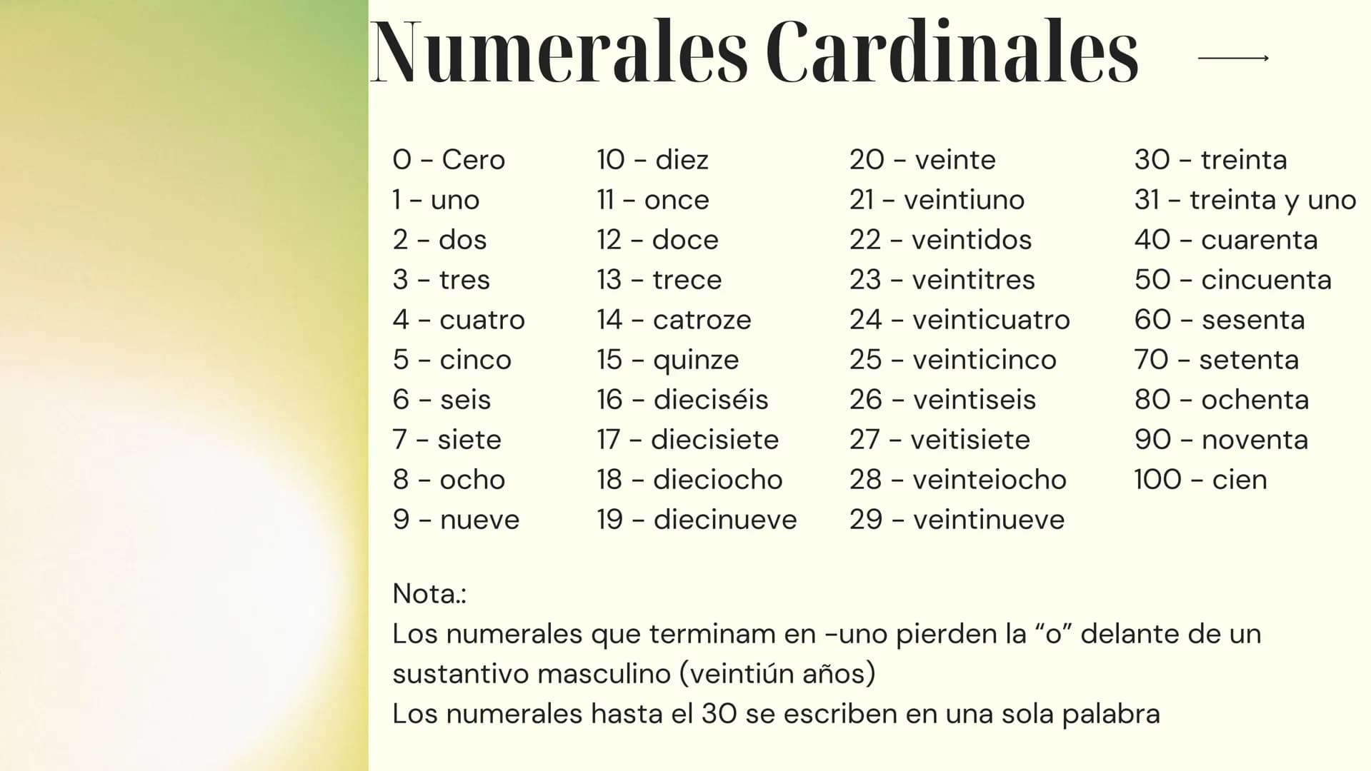 # Español

PREPARACIÓN PARA EL EXAMEN

10º Y 11º AÑO 10º año → Numerales Cardinales
O - Cero
10 - diez
20 - veinte
30 - treinta
1 - uno
11 -