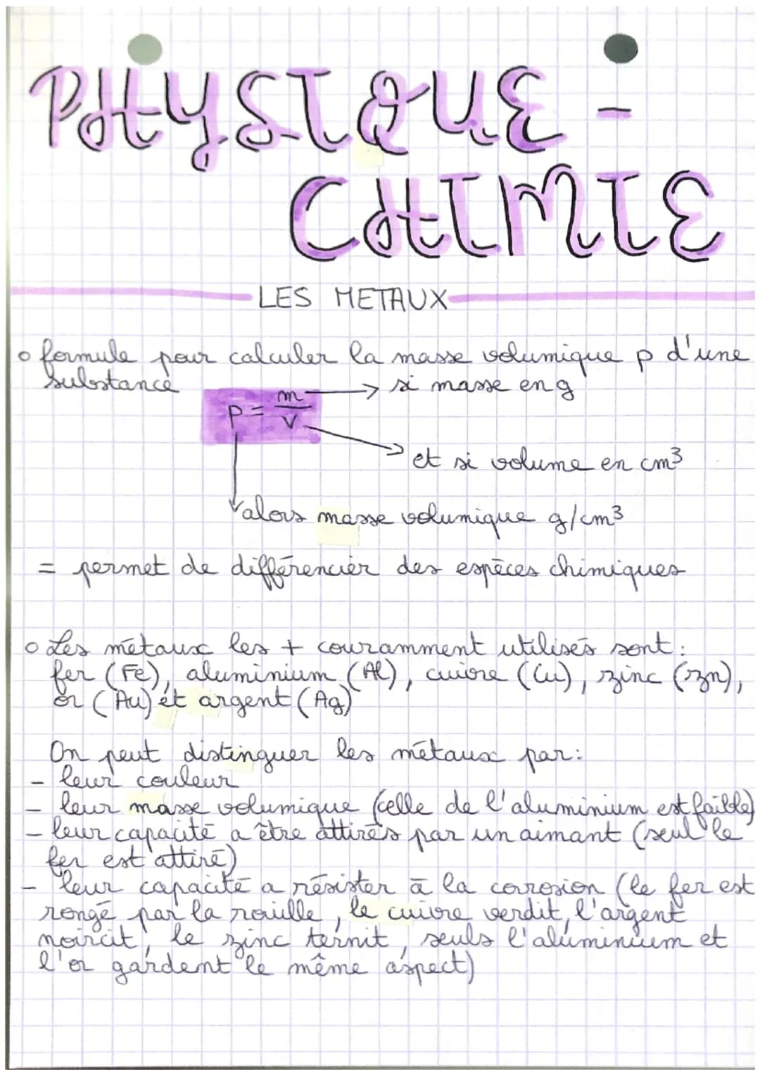 # PHYSTOUE-

# CHIMTE

LES METAUX

*   formule pour calculer la masse volumique p d'une
Substance

$P=\frac{m}{V}$ $\rightarrow$ si masse en