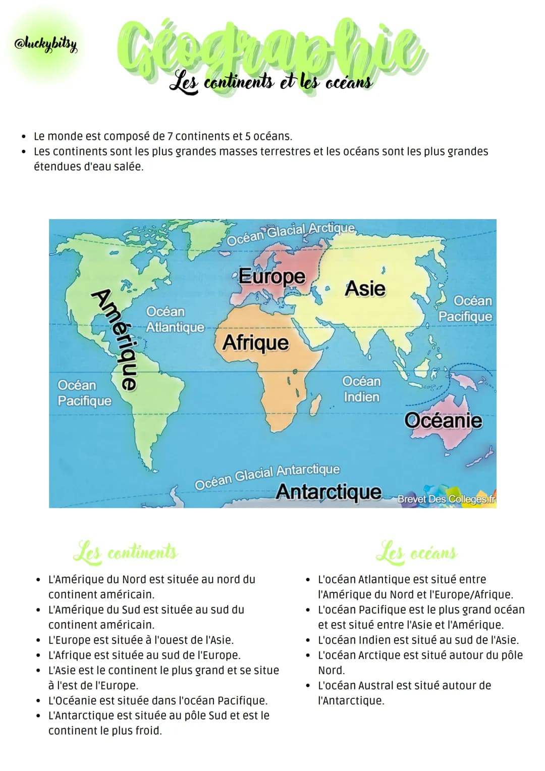 @luckybitsy

Glochmobie
Les continents et les océans

- Le monde est composé de 7 continents et 5 océans.
- Les continents sont les plus gra