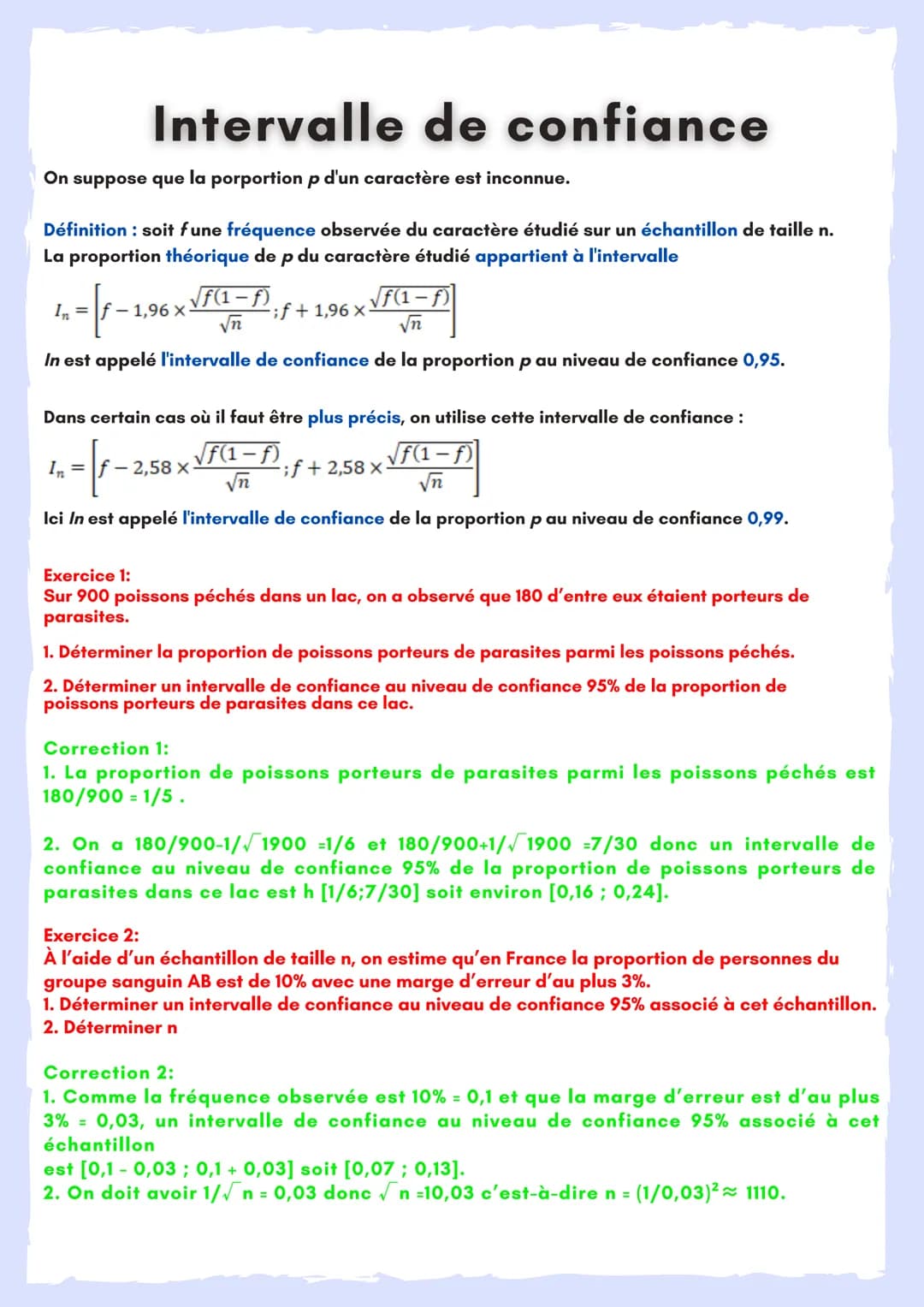 # Intervalle de confiance

On suppose que la porportion p d'un caractère est inconnue.

Définition: soit fune fréquence observée du caractèr