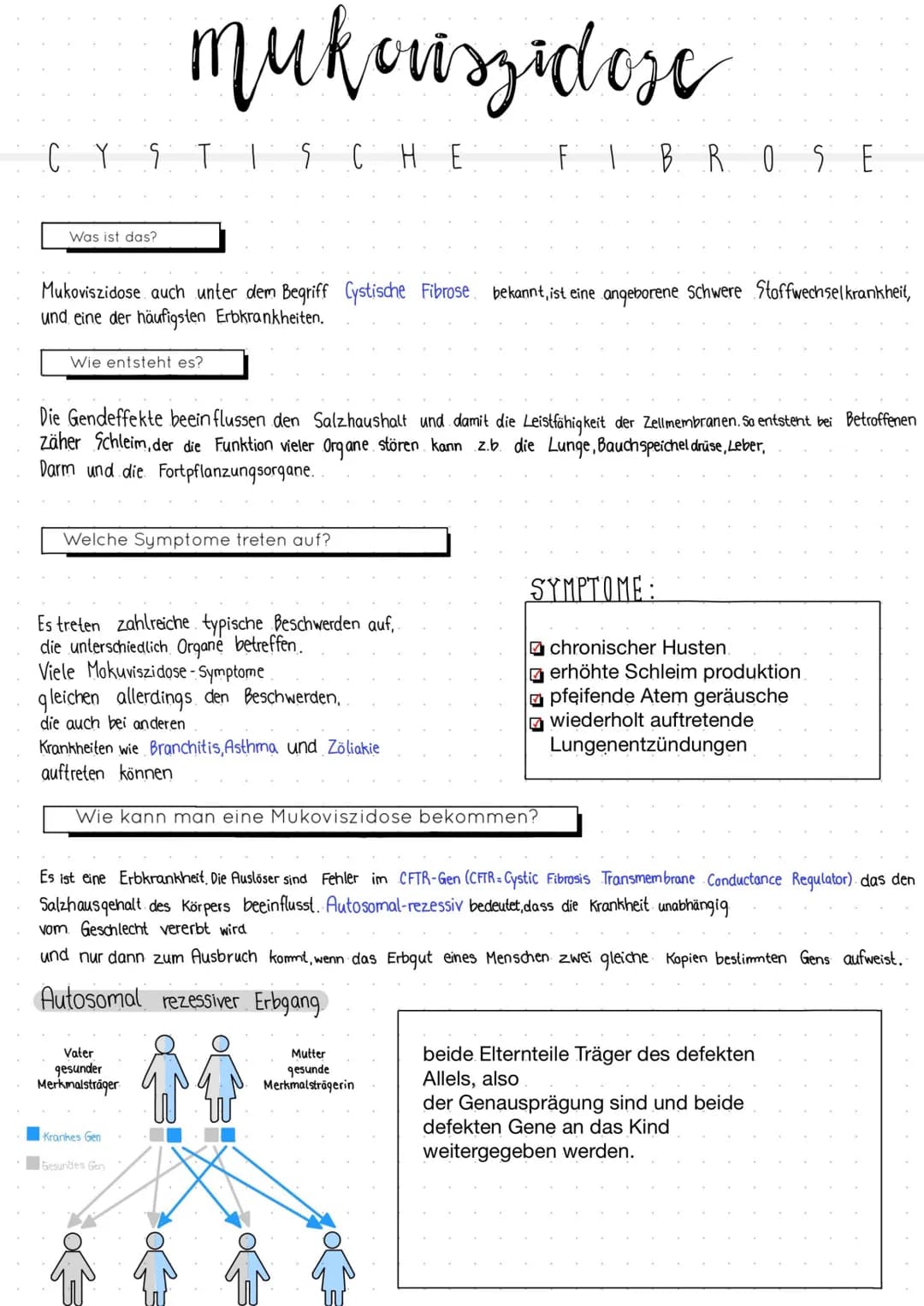 # mukouszidose
CYS TIS CHE FIBROSE

Was ist das?

Mukoviszidose auch unter dem Begriff Cystische Fibrose bekannt, ist eine angeborene Schwer