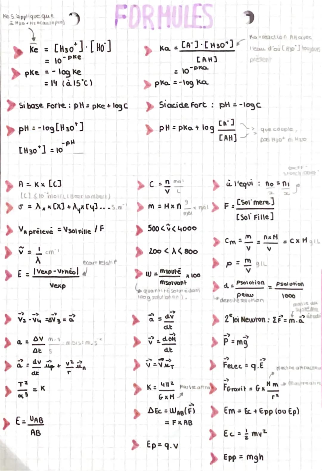 # FORMULES

kes'applique que
à H2o He lautopro)

ke =
$[H30^+] [HO^-]$

= $10^{-pke}$

pke = - log ke

= 14 (à 15°C)

Si base Forte: PH = pk