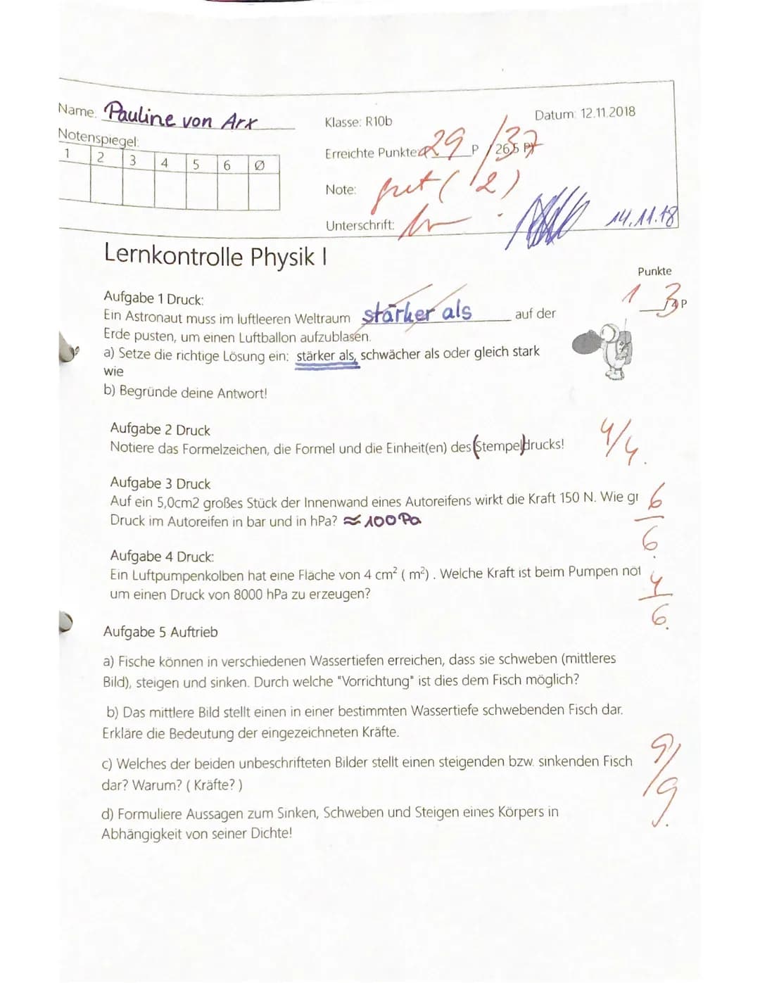Name. Pauline von Arx

Notenspiegel
1 2 3 4 5 6 Ø

Klasse: R10b
Erreichte Punkte 29/265P
Note: gut (12)
Unterschrift:
Datum: 12.11.2018.

14