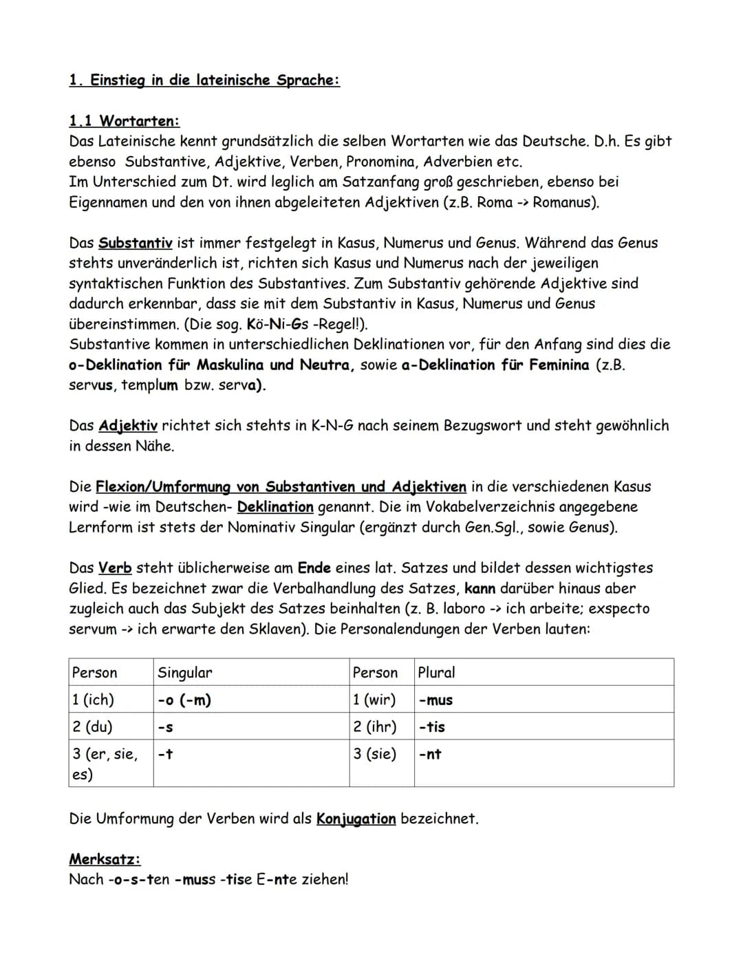 # 1. Einstieg in die lateinische Sprache:

1.1 Wortarten:
Das Lateinische kennt grundsätzlich die selben Wortarten wie das Deutsche. D.h. Es