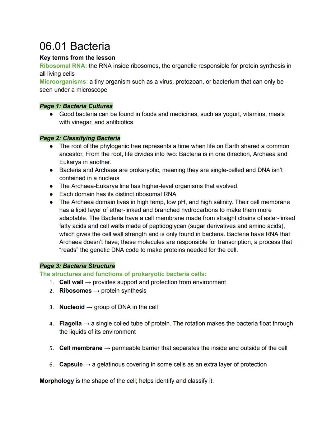 # 06.01 Bacteria

Key terms from the lesson
Ribosomal RNA: the RNA inside ribosomes, the organelle responsible for protein synthesis in
all 