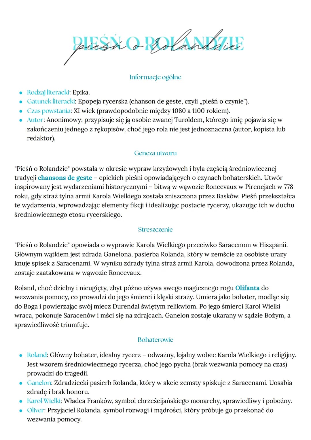 # PIESN O ROLANDZIE

Informacje ogólne

*   Rodzaj literacki: Epika.
*   Gatunek literacki: Epopeja rycerska (chanson de geste, czyli „pieśń