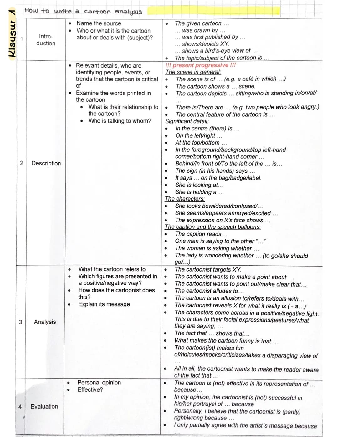 Klausur 1
How to write a cartoon analysis
1
Intro-
duction

2 Description

3
Analysis

4
Evaluation

*   Name the source
*   Who or what it 