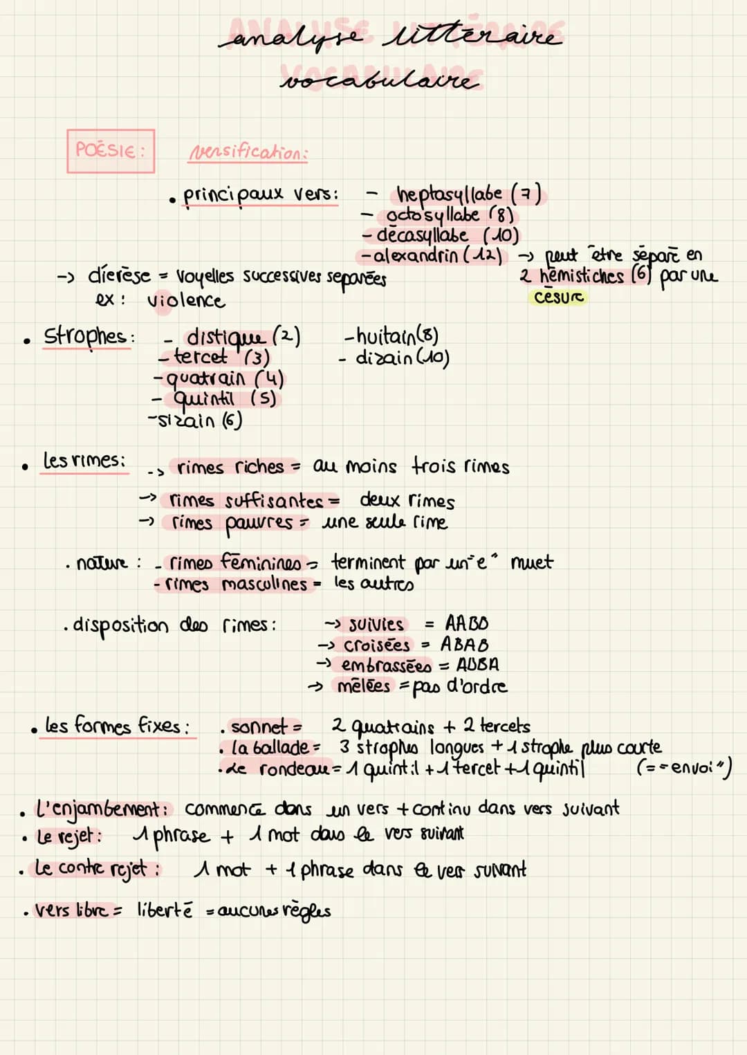 # analyse litteraire

vocabulaire

POESIE:

versification:

*   principaux vers:

    *   heptasyllabe (7)
    *   octosyllabe (8)
    *   d