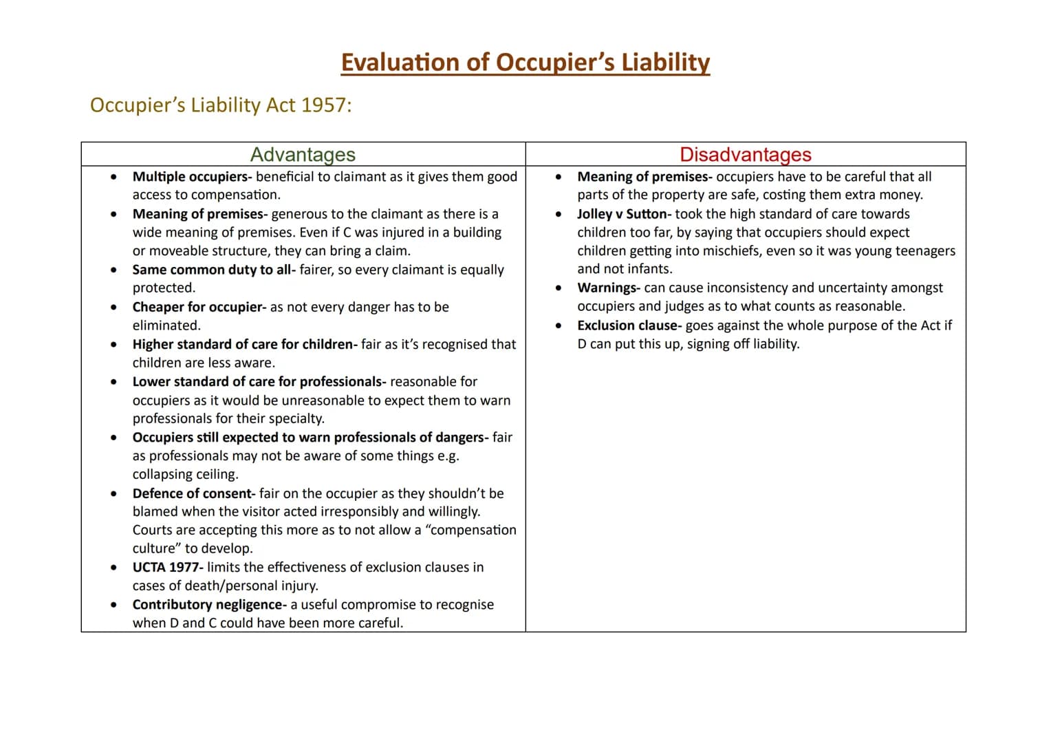 # Evaluation of Occupier's Liability

Occupier's Liability Act 1957:

| Advantages | Disadvantages |
| ----------- | ----------- |
| - Multi