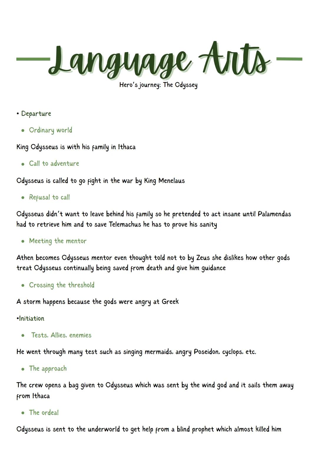 -Language Arts -
Hero's journey: The Odyssey

• Departure

• Ordinary world
King Odysseus is with his family in Ithaca
• Call to adventure
O