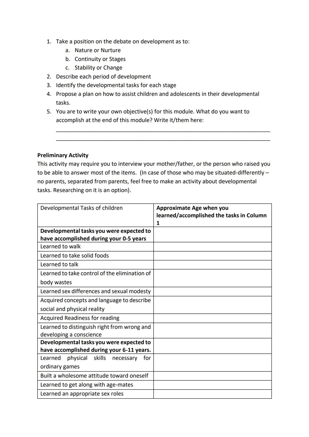 Module 2: Issues on Development, Stages of Human Development and Developmental
Tasks
Overview
This module puts together 3 topics.
The first 