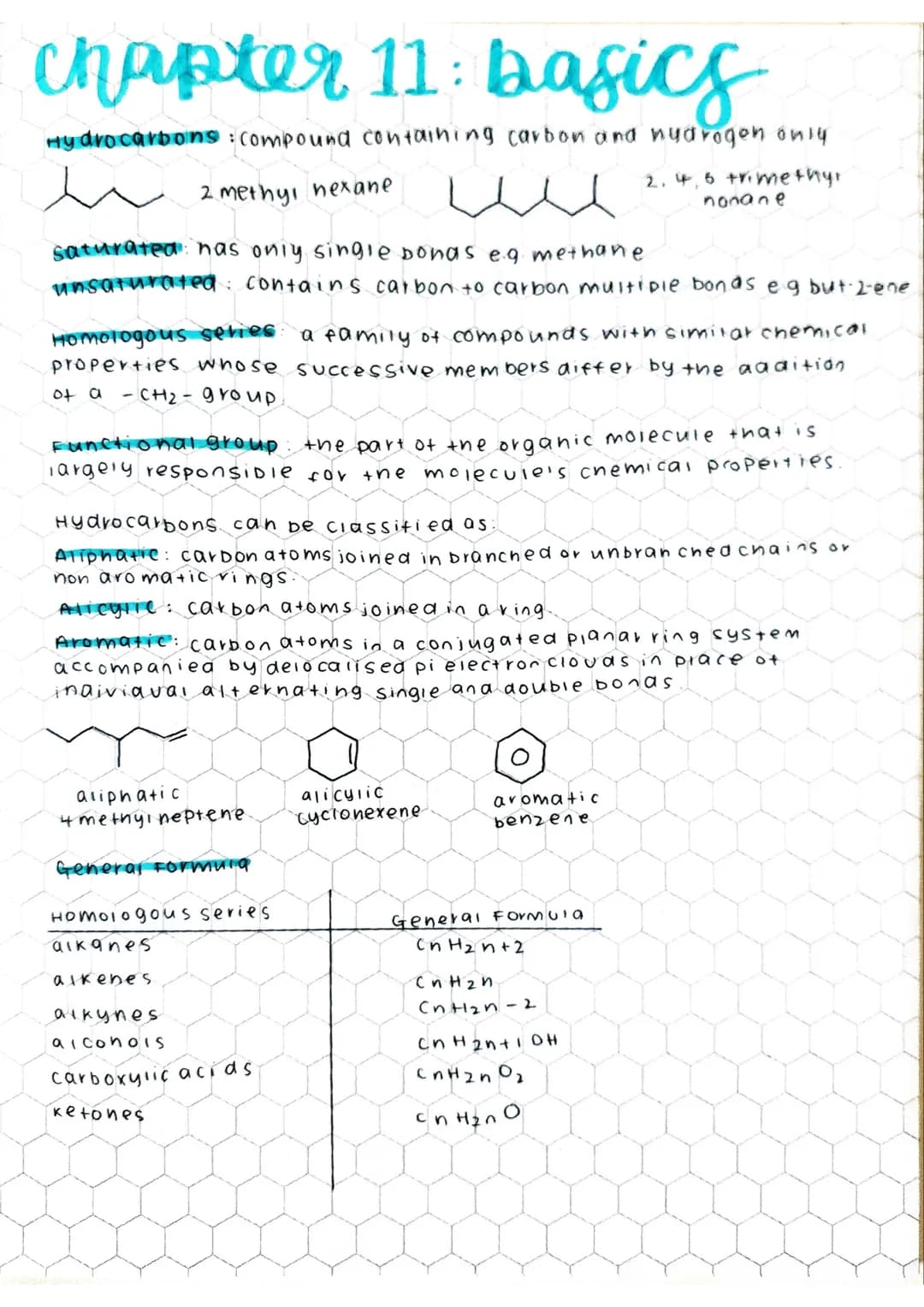 # Chapter 11: basics

Hydrocarbons compound containing carbon and nydrogen only

2 methyl hexane

2. 4,6 trimethyr
nonane

saturated: nas on