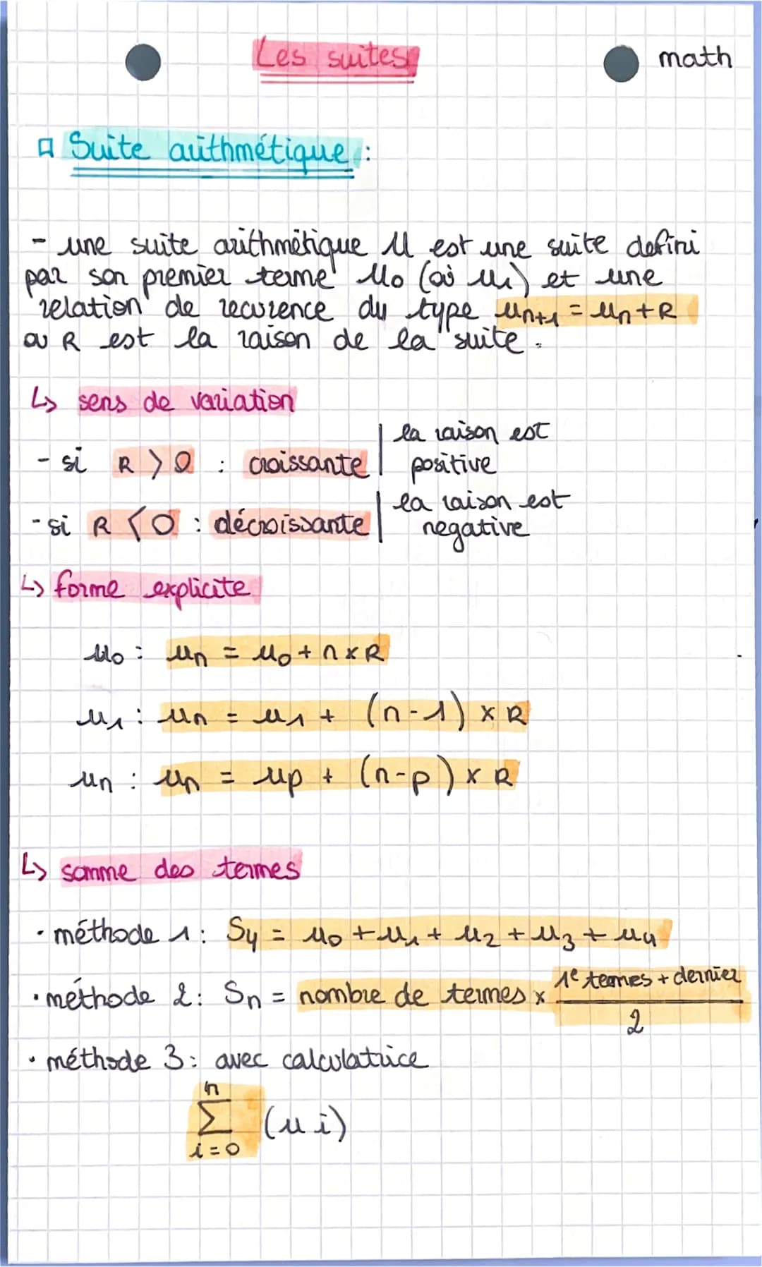# Les suites
math

A Suite authmétique:

- une suite arithmétique il est une suite defini
par son premier terme Mo (ai lui) et une
relation 