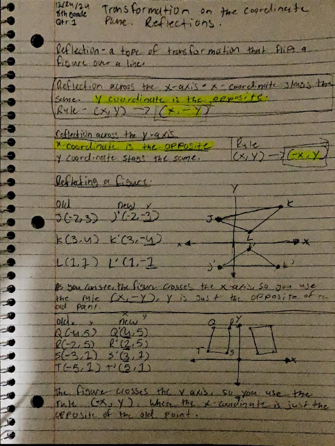 12/24/24 Trons Formation on the coordinate
8th grade Plume. Reflections.
Qtr 1

Reflection- a tope of transformation that flips a
figure ove