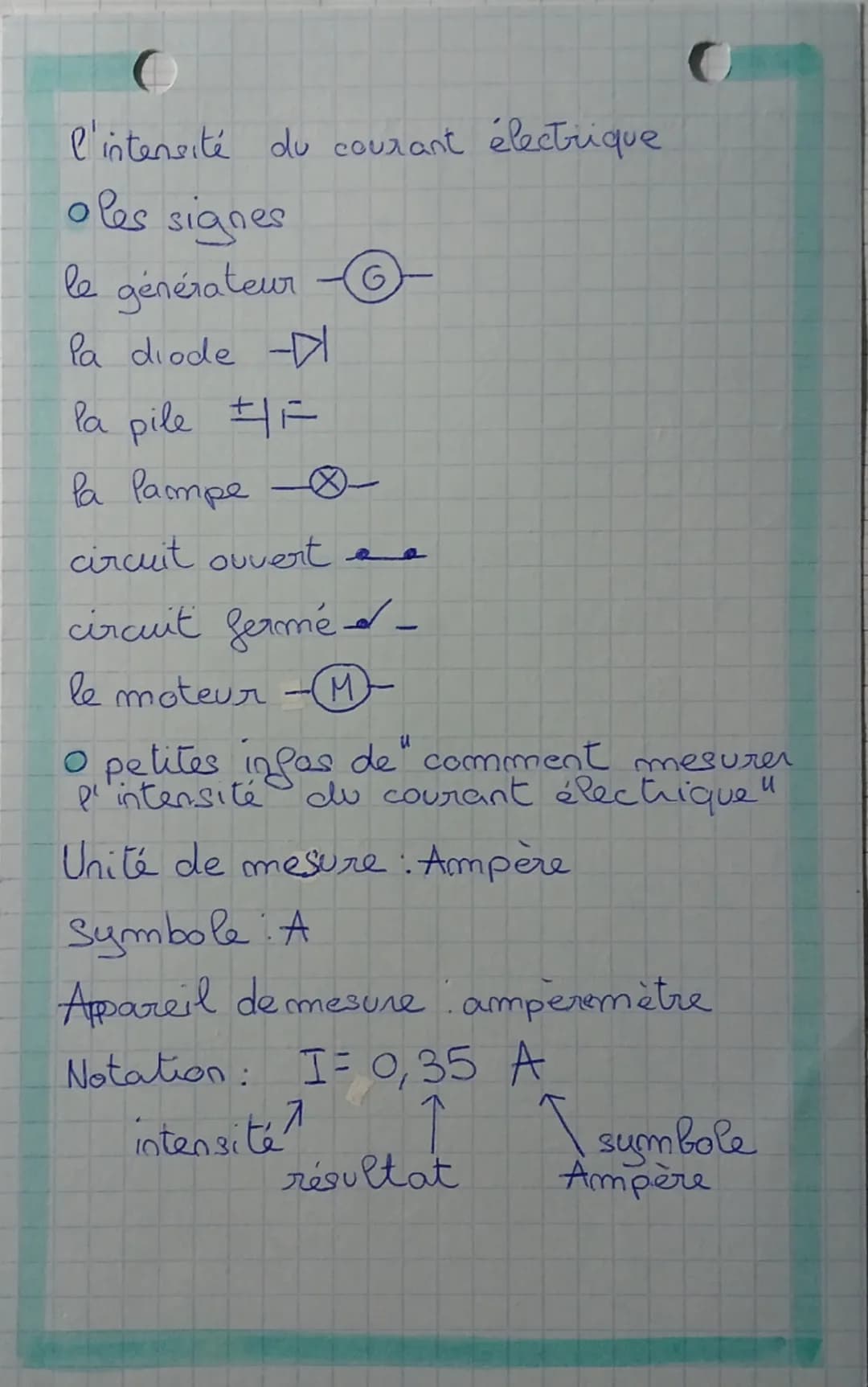 l'intensité du courant électrique

oles signes

le générateur - G

la diode -$\,\triangleright$

la pile $\pm$

la Pampe -$\otimes$

circuit