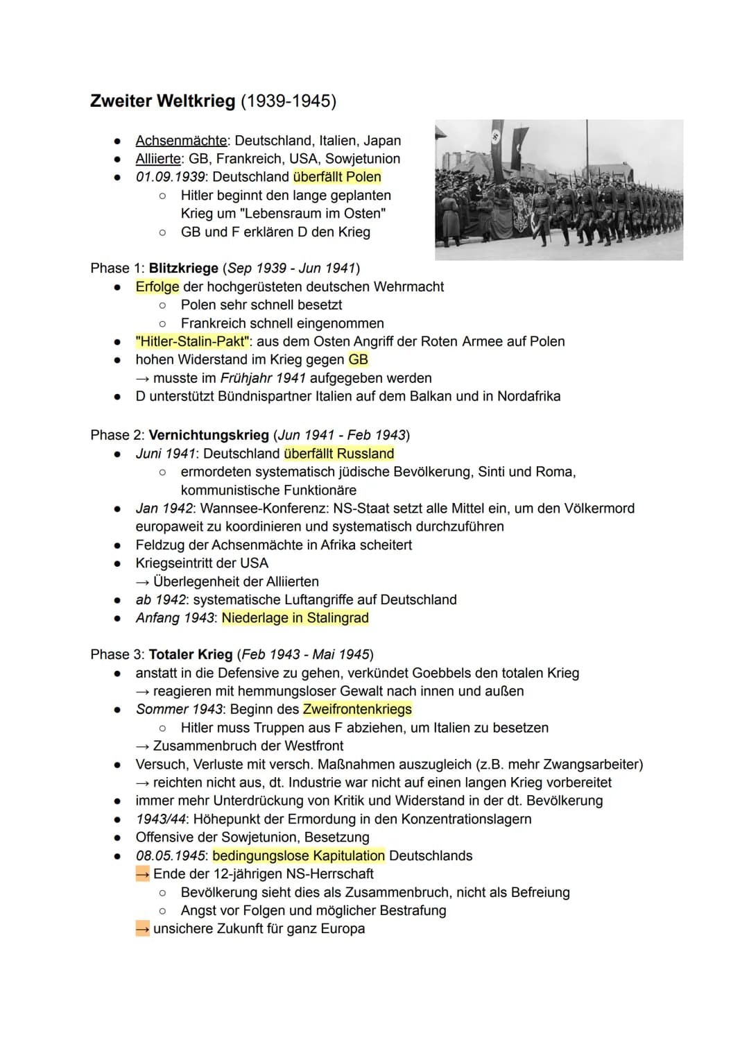 Zweiter Weltkrieg (1939-1945)

*   Achsenmächte: Deutschland, Italien, Japan
*   Alliierte: GB, Frankreich, USA, Sowjetunion
*   01.09.1939: