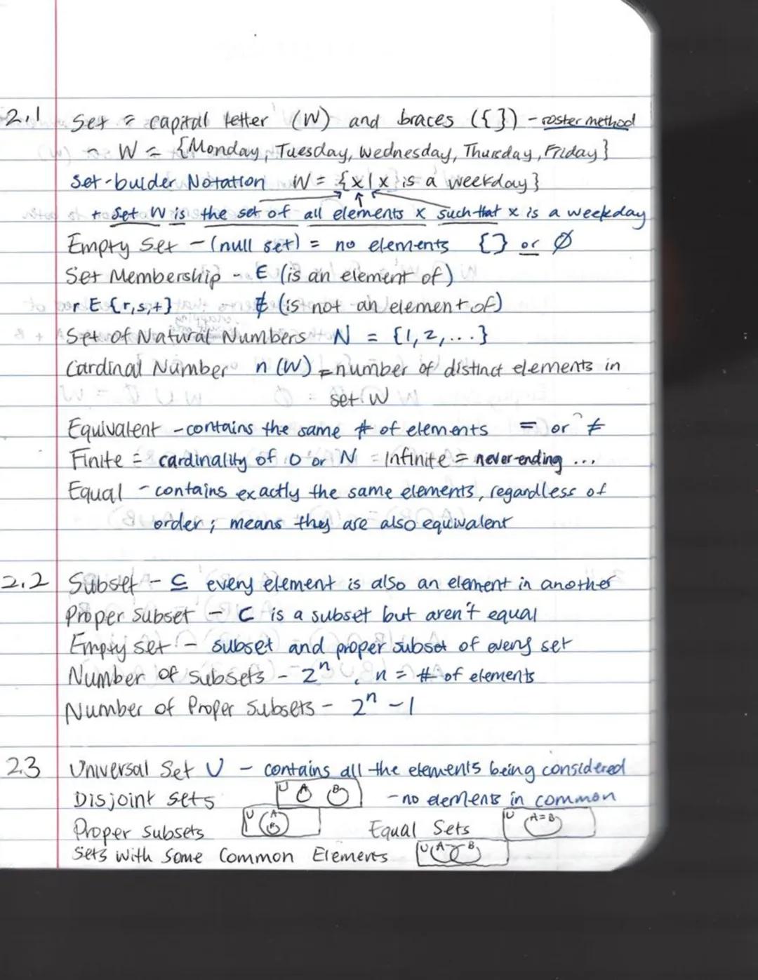 2.1 Set capital letter (W) and braces ({}) - roster method

W= {Monday, Tuesday, Wednesday, Thursday, Friday}

Set-bulder Notation W = {x1x 