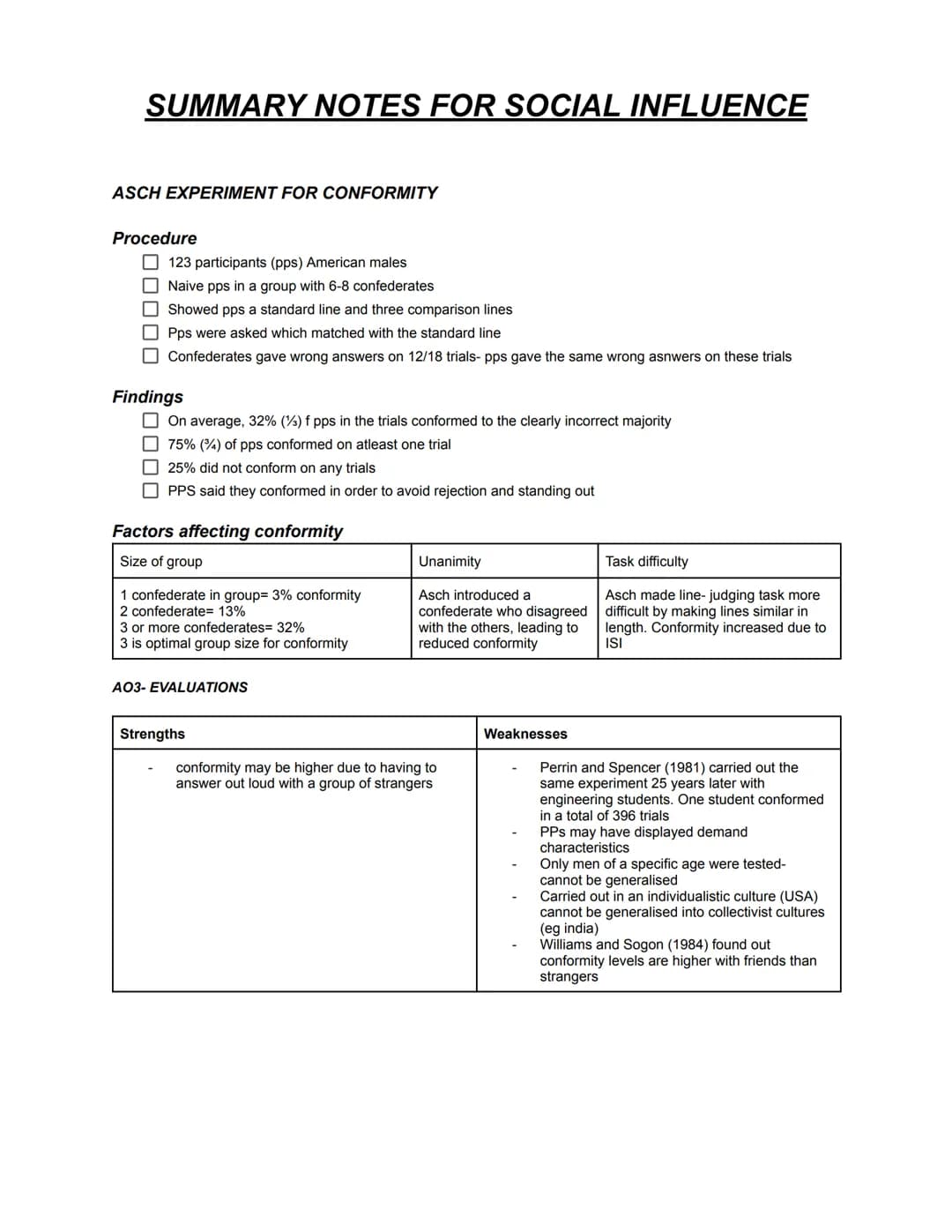 # SUMMARY NOTES FOR SOCIAL INFLUENCE

## ASCH EXPERIMENT FOR CONFORMITY

Procedure

- 123 participants (pps) American males
- Naive pps in a