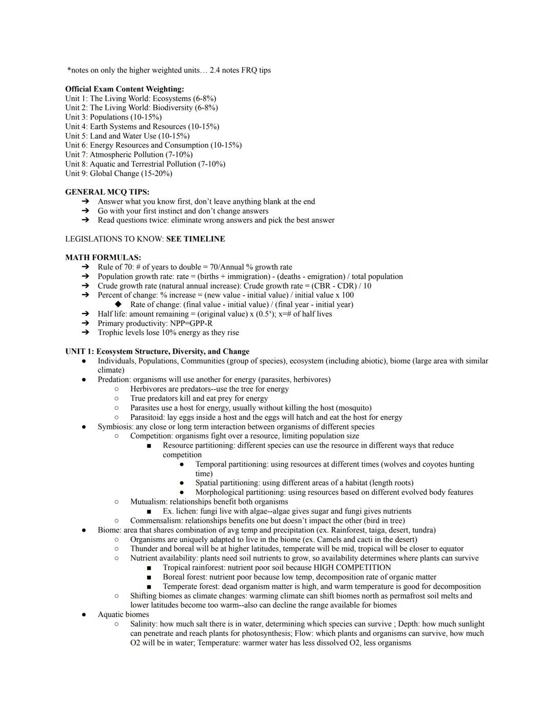 *notes on only the higher weighted units... 2.4 notes FRQ tips

Official Exam Content Weighting:
Unit 1: The Living World: Ecosystems (6-8%)