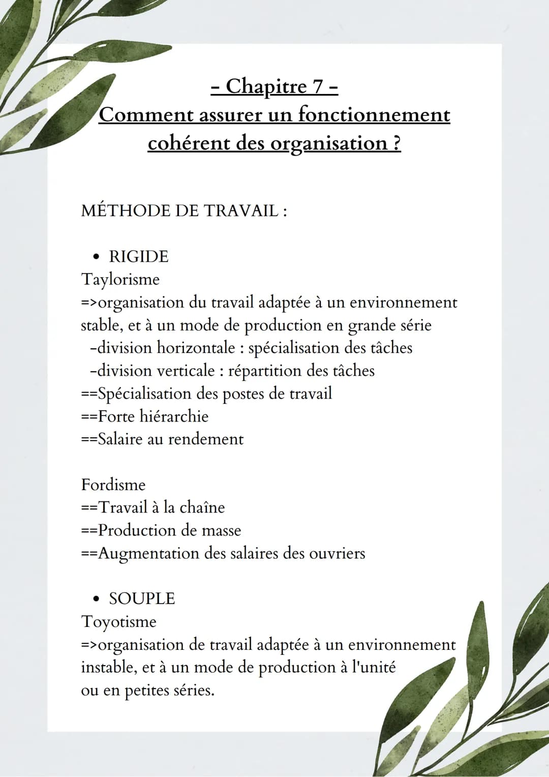 - Chapitre 7 –

Comment assurer un fonctionnement
cohérent des organisation ?

MÉTHODE DE TRAVAIL :

• RIGIDE

Taylorisme

=>organisation du