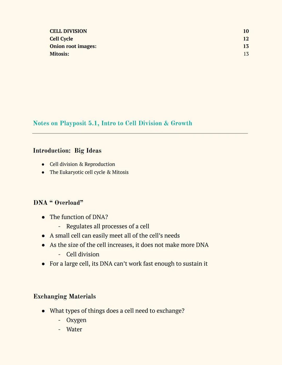 # 9TH GRADE
# BIOLOGY Unit 5

Notes on Playposit 5.1, Intro to Cell Division & Growth
2
Introduction: Big Ideas
2
DNA "Overload"
2
Exchangin