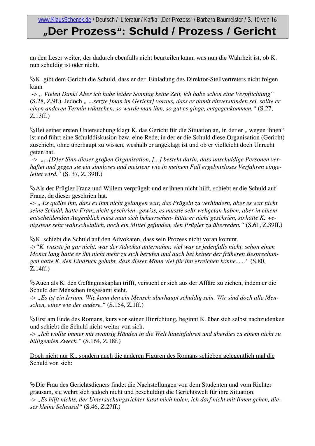 www.KlausSchenck.de / Deutsch / Literatur / Kafka: „Der Prozess" / Barbara Baumeister / S. 1 von 16

# „Der Prozess": Schuld / Prozess / Ger