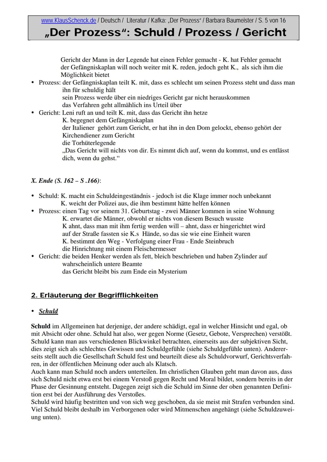 www.KlausSchenck.de / Deutsch / Literatur / Kafka: „Der Prozess" / Barbara Baumeister / S. 1 von 16

# „Der Prozess": Schuld / Prozess / Ger
