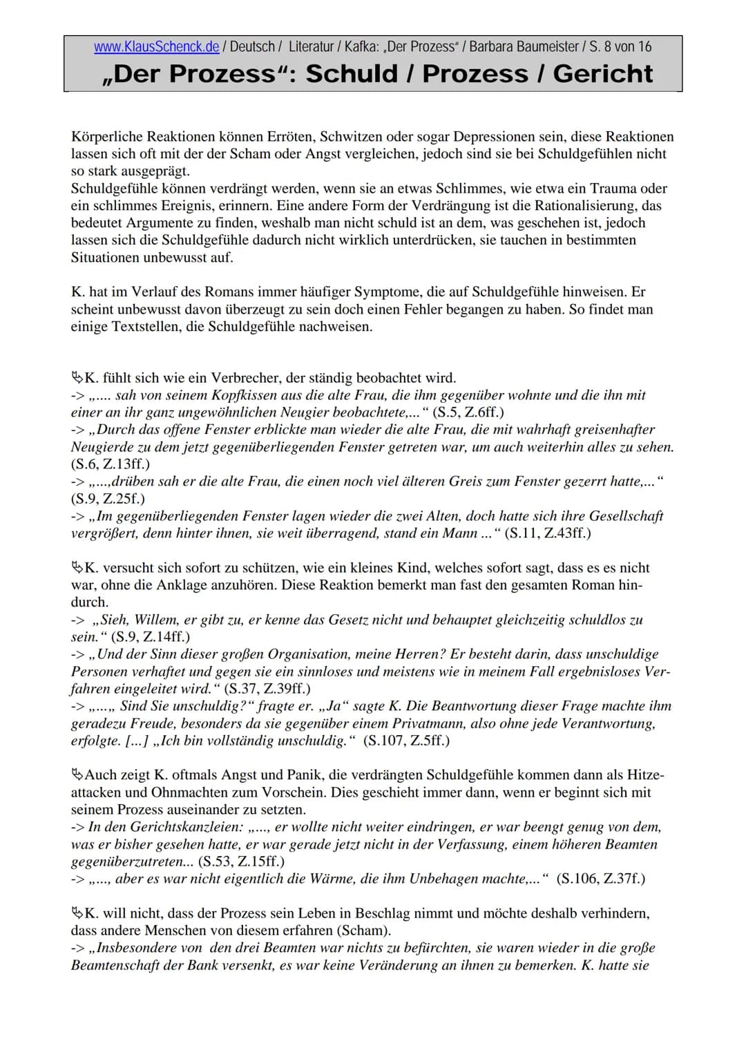 www.KlausSchenck.de / Deutsch / Literatur / Kafka: „Der Prozess" / Barbara Baumeister / S. 1 von 16

# „Der Prozess": Schuld / Prozess / Ger