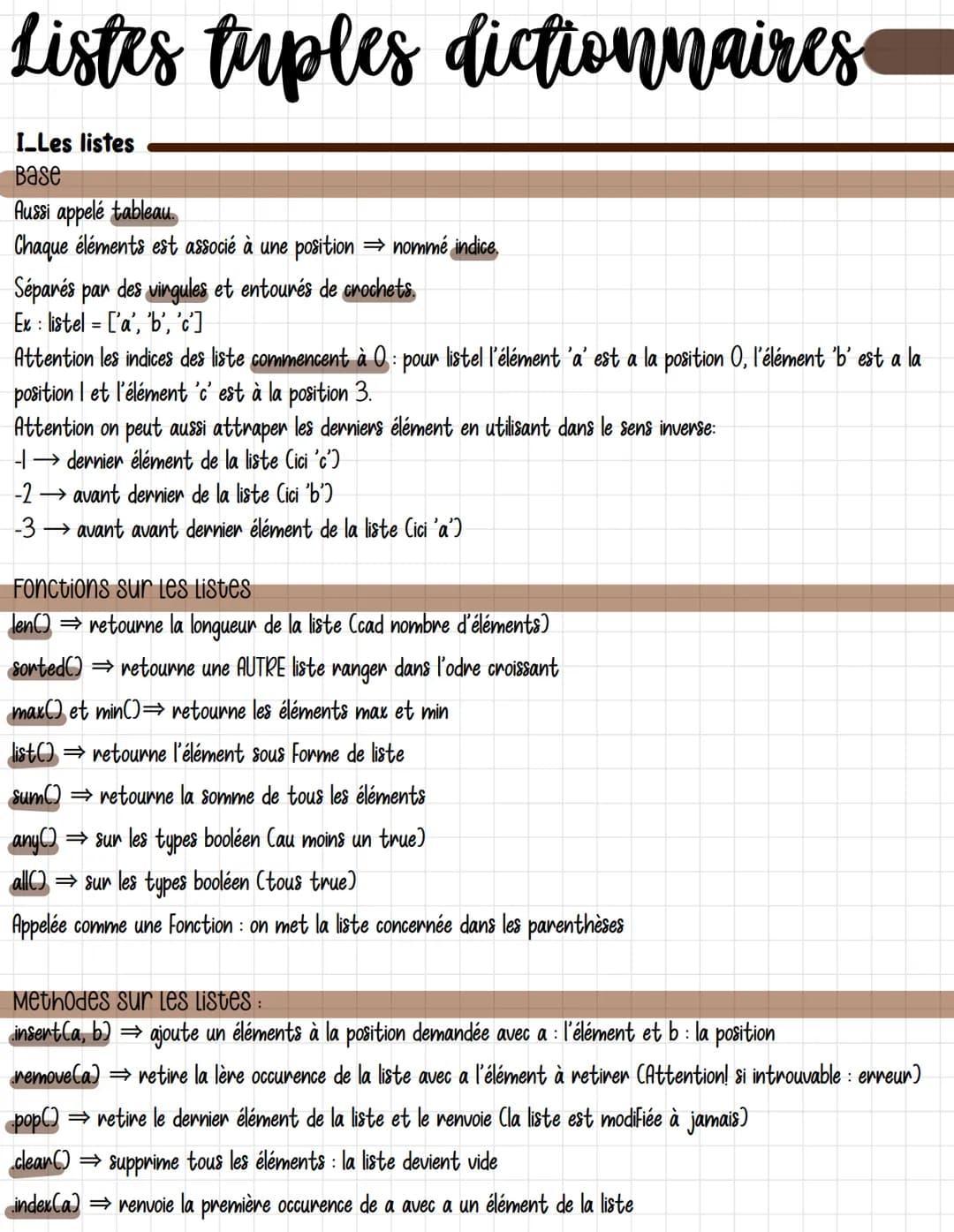 # Listes tuples dictionnaires

I_Les listes

Base

Aussi appelé tableau.

Chaque éléments est associé à une position → nommé indice.

Séparé