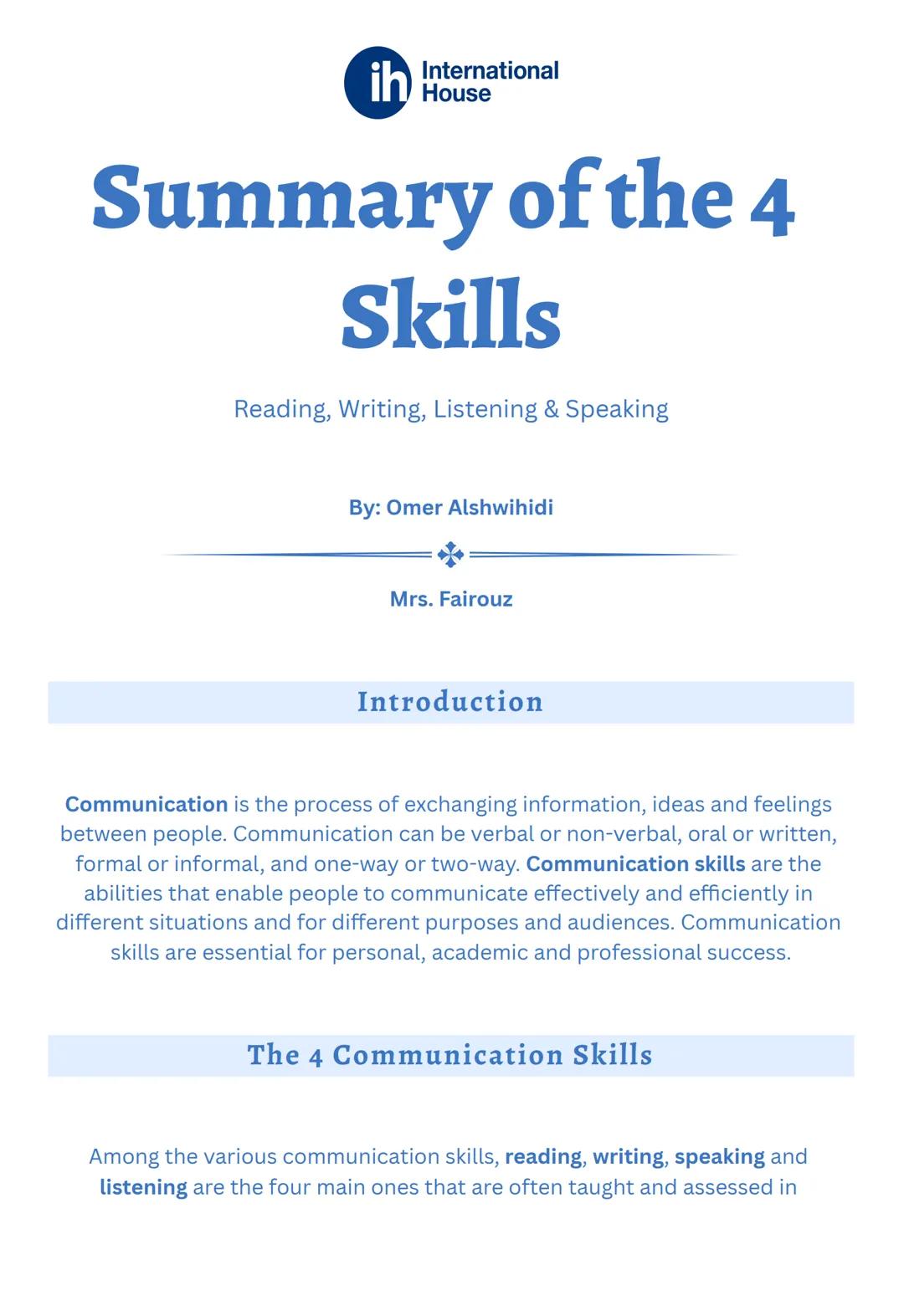 International
ih House

# Summary of the 4
# Skills

Reading, Writing, Listening & Speaking

By: Omer Alshwihidi

* 

Mrs. Fairouz

## Intro