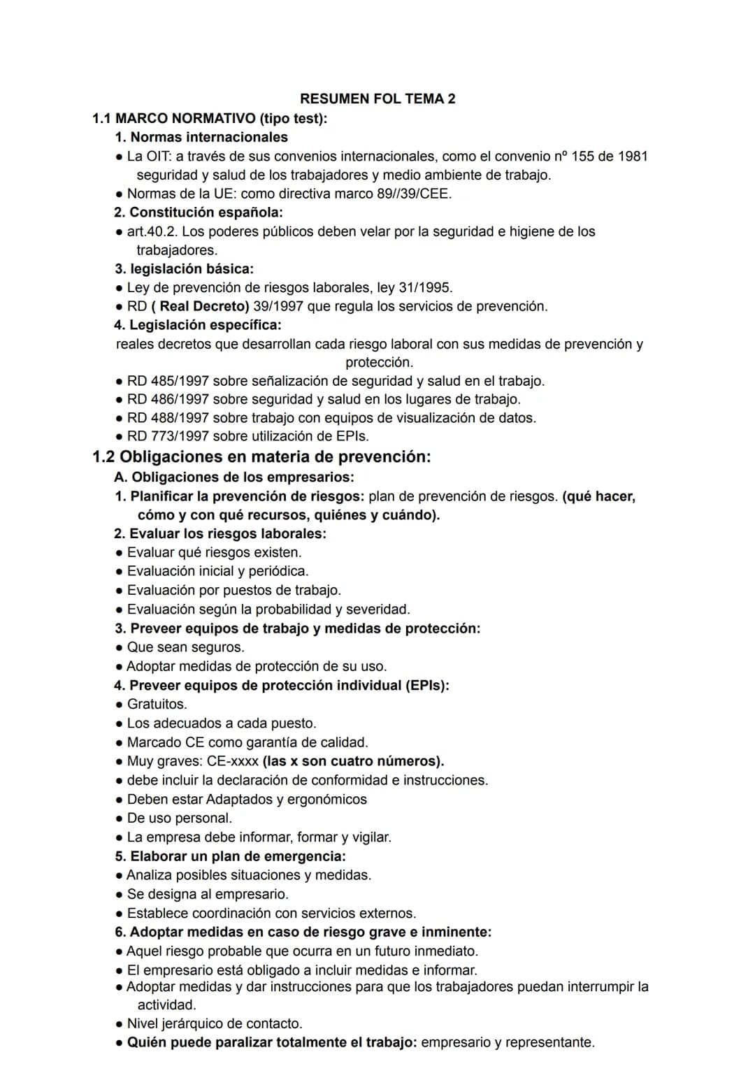 RESUMEN FOL TEMA 2

1.1 MARCO NORMATIVO (tipo test):
1. Normas internacionales
*   La OIT: a través de sus convenios internacionales, como e